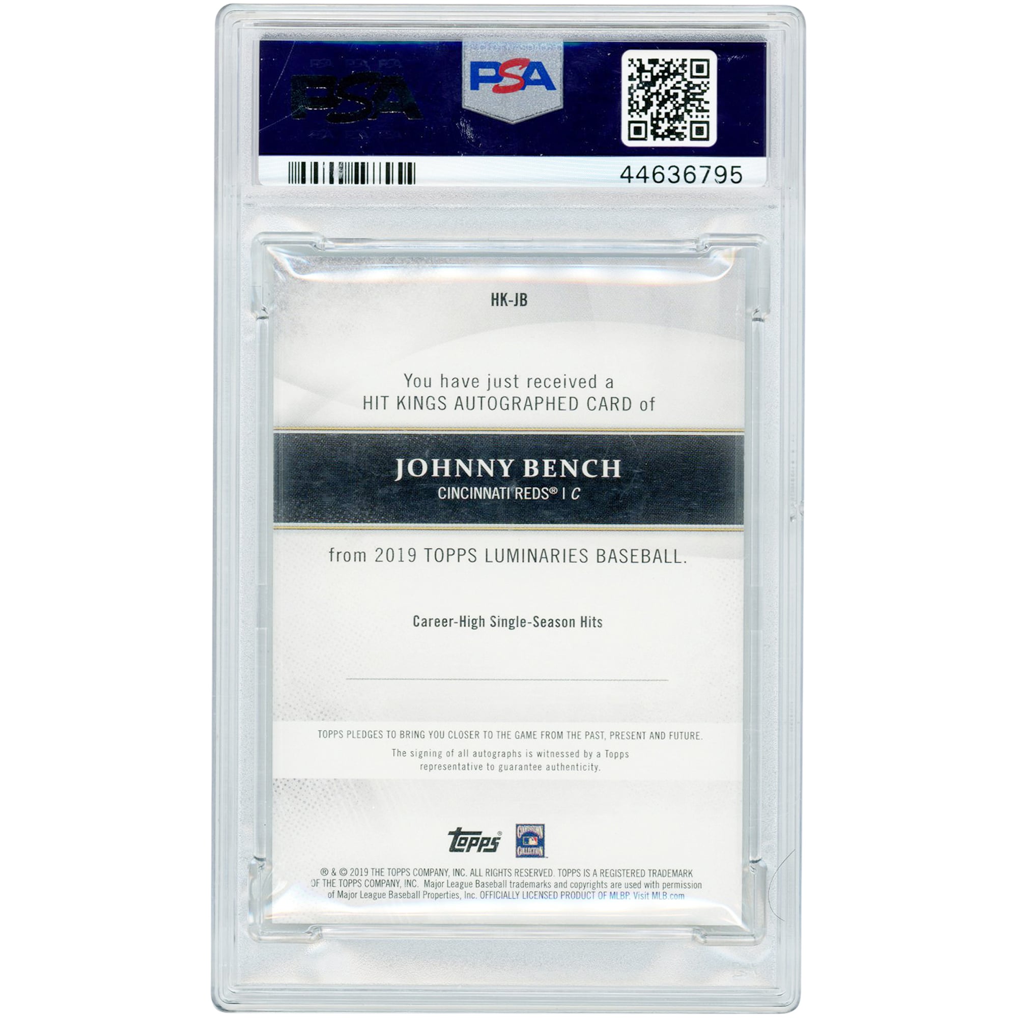 Johnny Bench Cincinnati Reds Autographed 2019 Topps Luminaries Hit Kings Red #HK-JB #6/10 PSA Authenticated 10 Card
