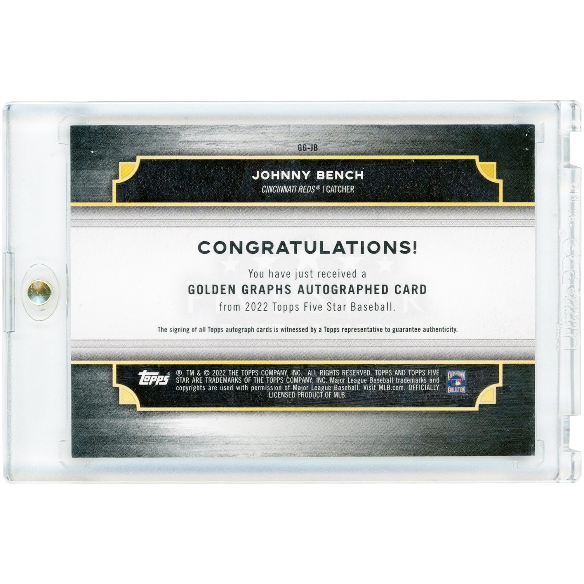 Johnny Bench Cincinnati Reds Autographed 2022 Topps Five Star Golden Graphs Gold Ink #GG-JB #12/20 Card