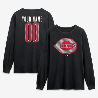 Cincinnati Reds  Metallic Mascot Personalized Name & Number Long Sleeve T-Shirt - Black