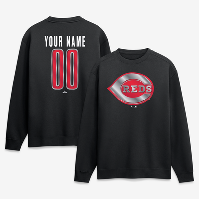 Cincinnati Reds  Metallic Mascot Personalized Name & Number Sweatshirt - Black