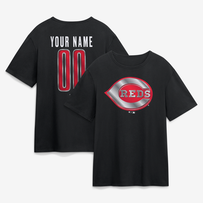 Cincinnati Reds  Metallic Mascot Personalized Name & Number T-Shirt - Black