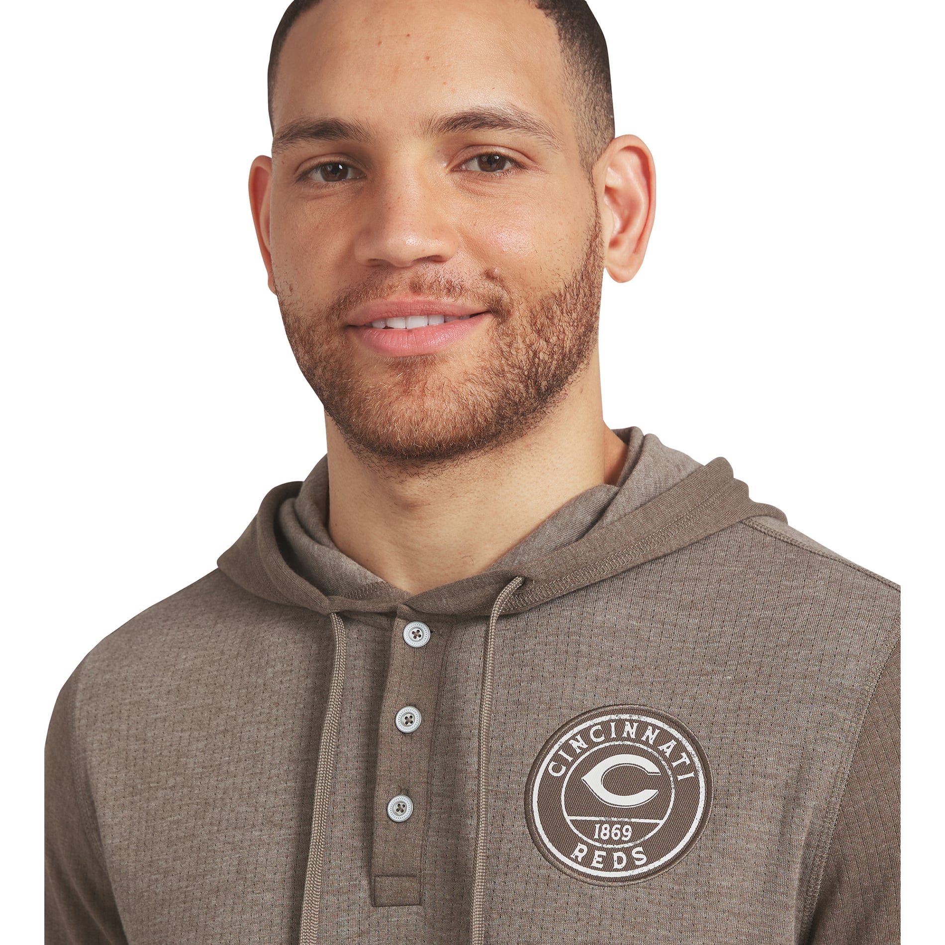 Men's Darius Rucker Collection by Fanatics Tan/Brown Cincinnati Reds Knit Hooded Henley Long Sleeve T-Shirt