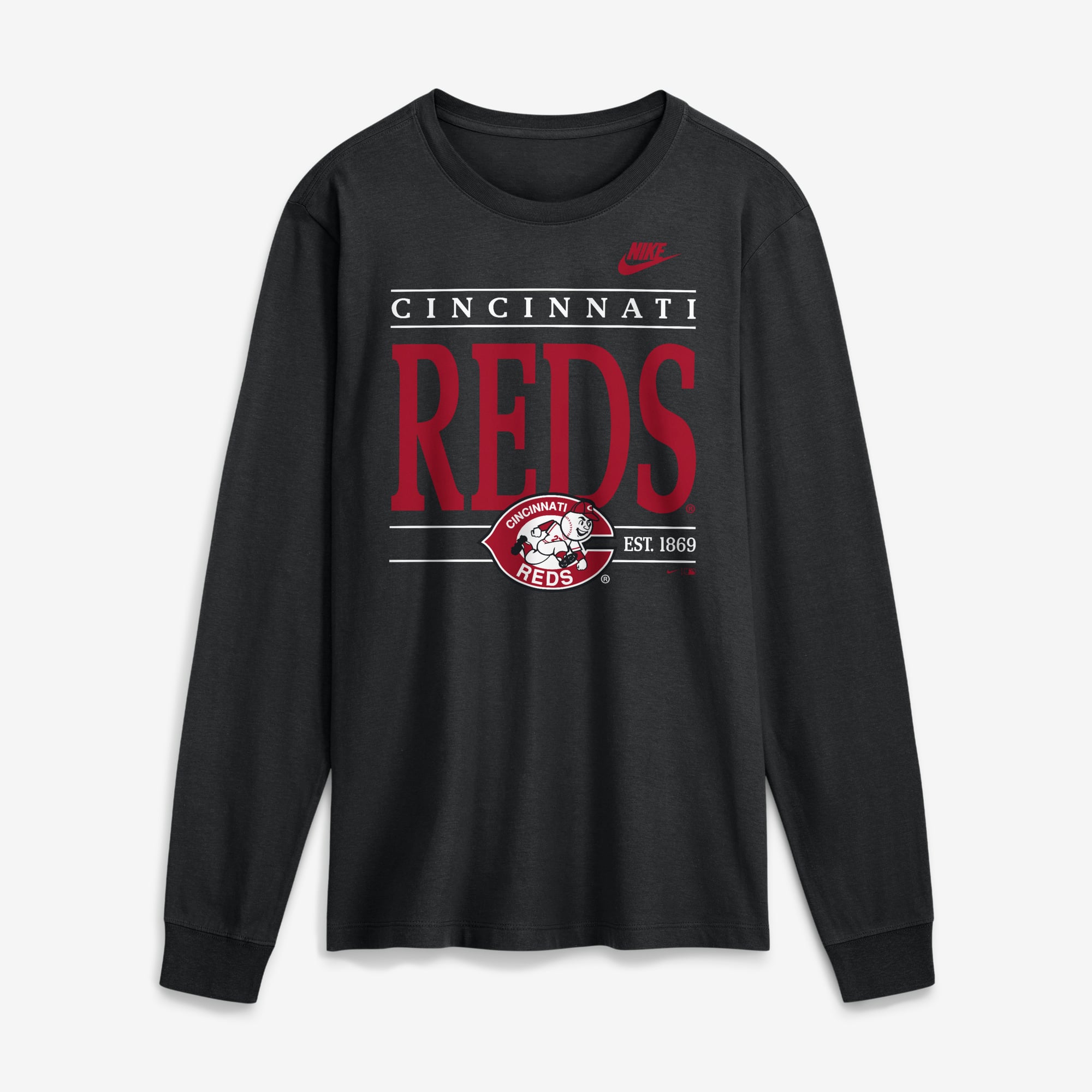 T-shirt à manches longues Nike noir pour homme, motif Cooperstown des Reds de Cincinnati