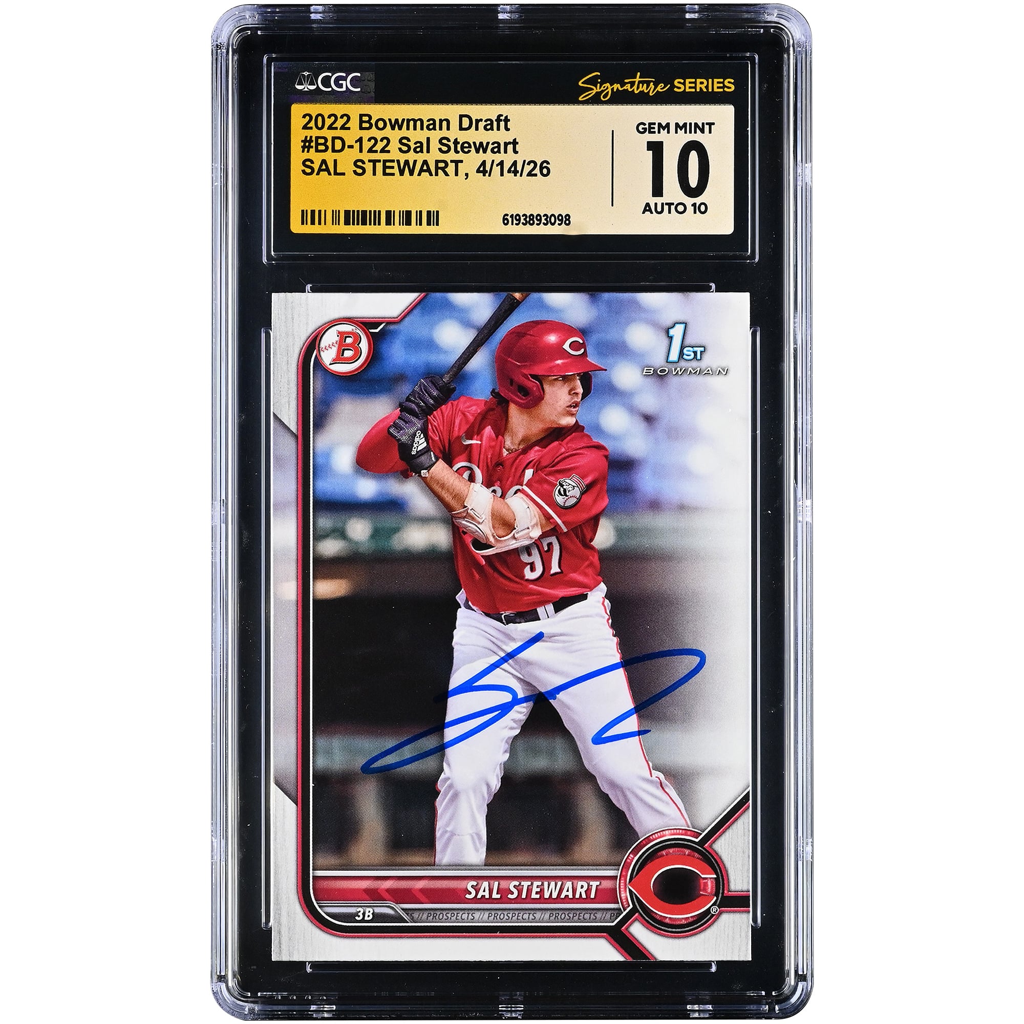 Carte autographiée de Sal Stewart (Reds de Cincinnati), draft 2022 Bowman, numéro BD-122, authentifiée par Fanatics Witnessed (CGC, état 10/10).
