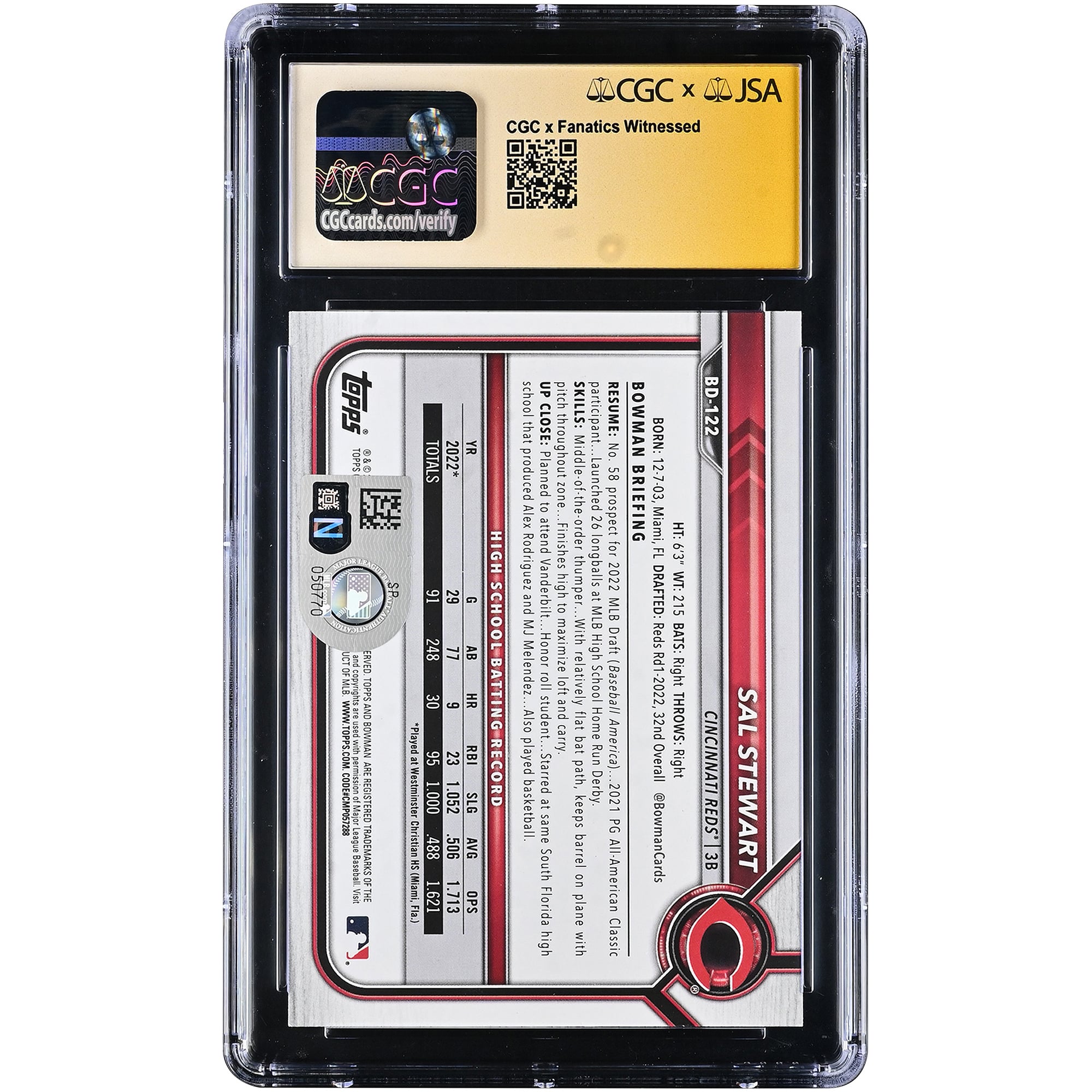 Carte autographiée de Sal Stewart (Reds de Cincinnati), draft 2022 Bowman, numéro BD-122, authentifiée par Fanatics Witnessed (CGC, état 10/10).