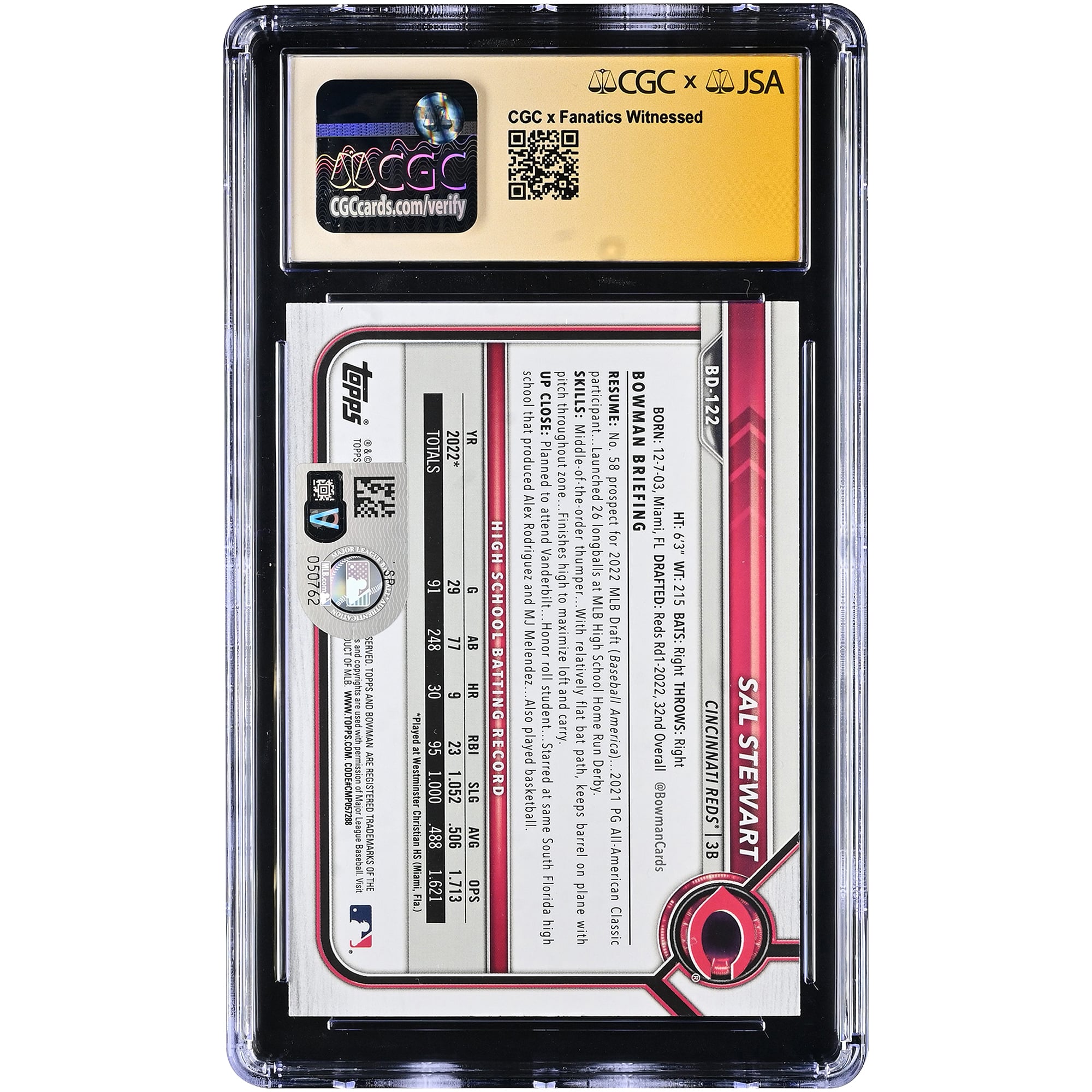 Carte autographiée de Sal Stewart (Reds de Cincinnati), draft 2022 Bowman, n° BD-122, authentifiée par Fanatics Witnessed (CGC, état 9/10).