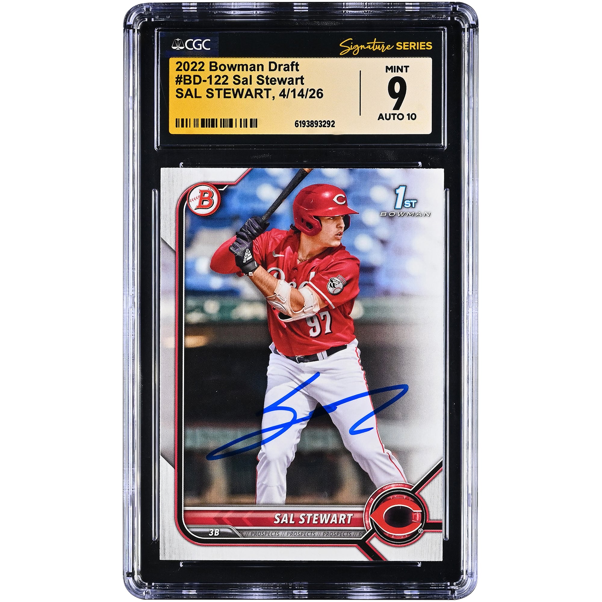 Carte autographiée de Sal Stewart (Reds de Cincinnati), draft 2022 Bowman, n° BD-122, authentifiée par Fanatics Witnessed (CGC, état 9/10).