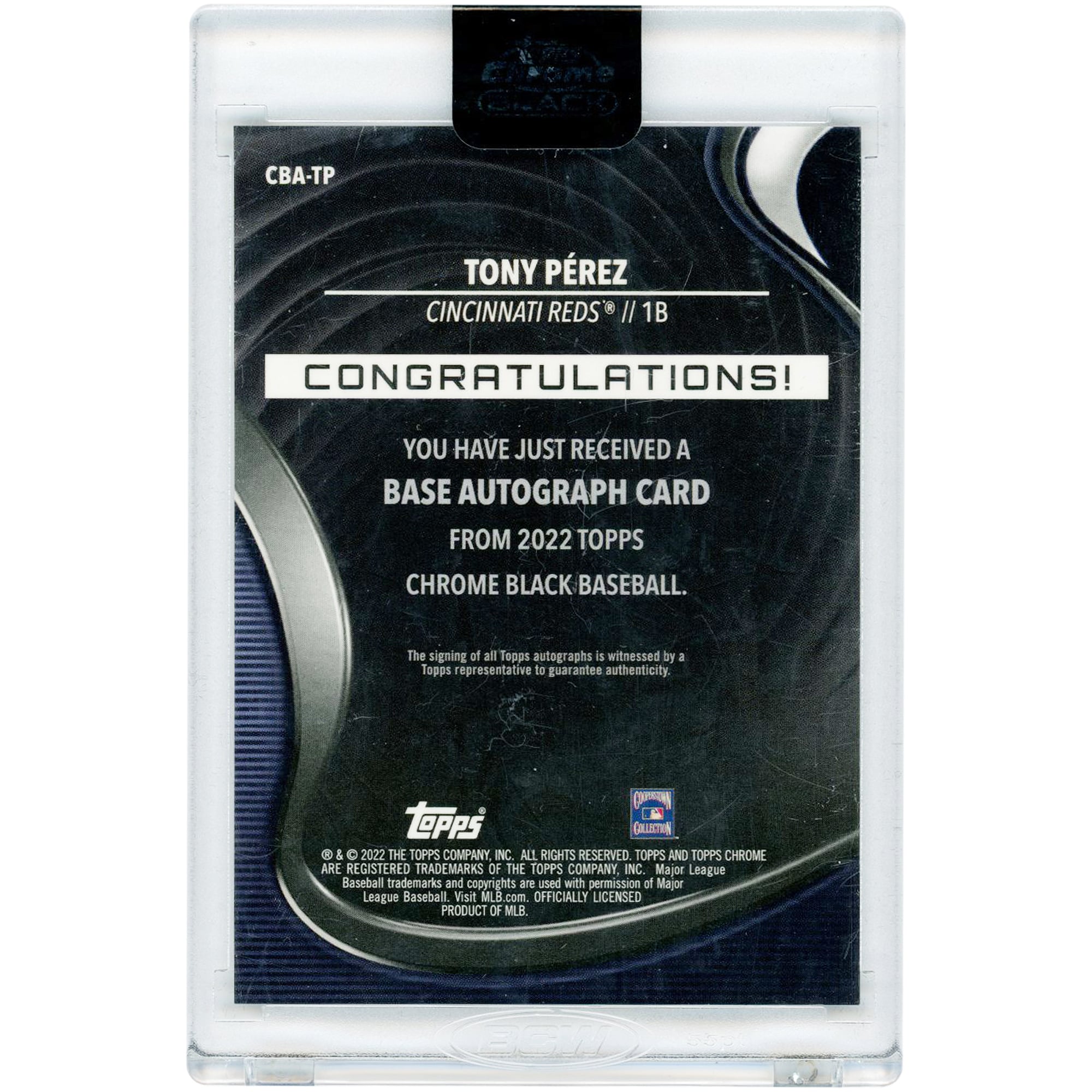 Carte Topps Chrome Black 2022 #CBA-TP autographiée par Tony Perez (Reds de Cincinnati)