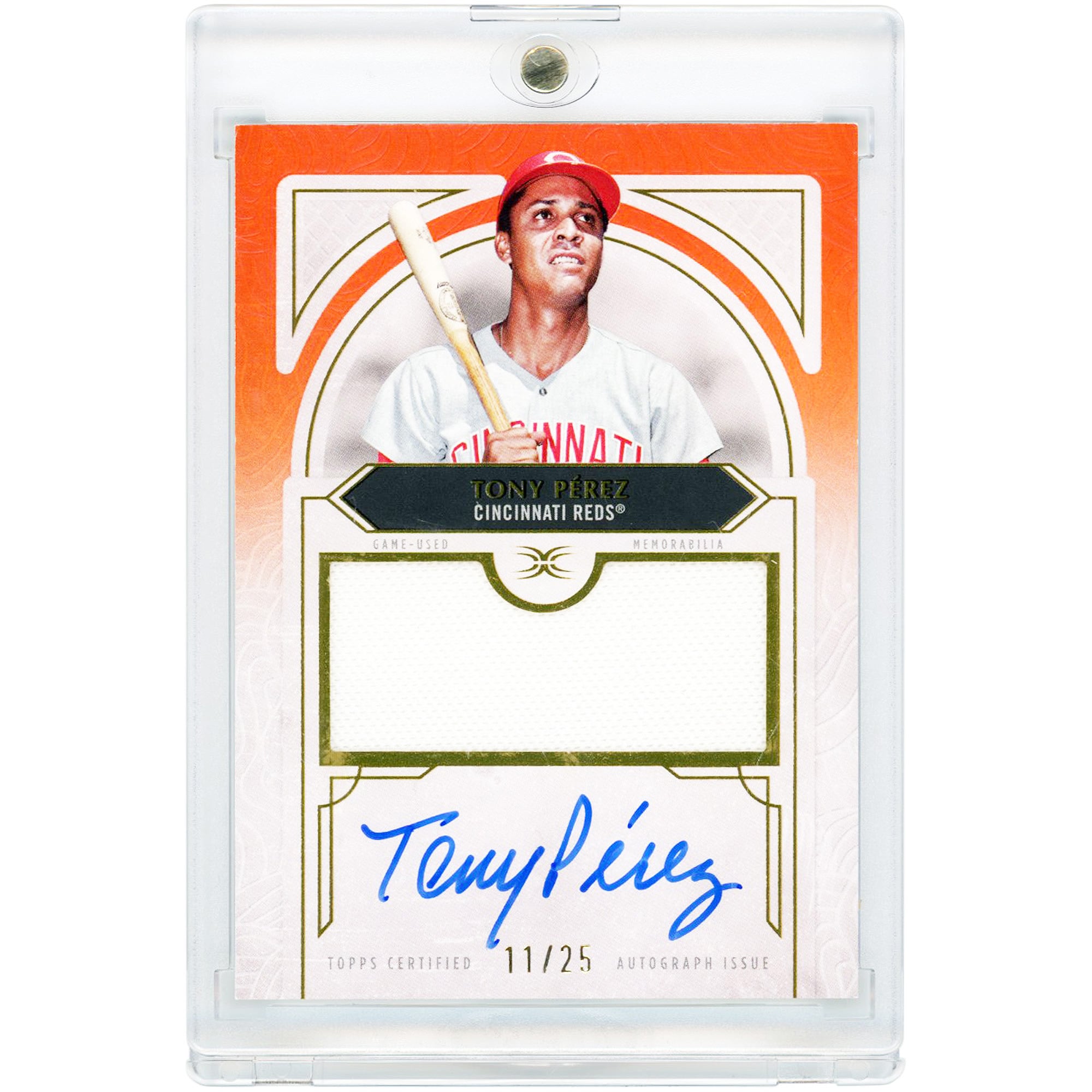 Carte autographiée de Tony Perez (Reds de Cincinnati) - Collection Topps Definitive 2025 - Maillot porté en match - Orange - #DAR-TP # 11