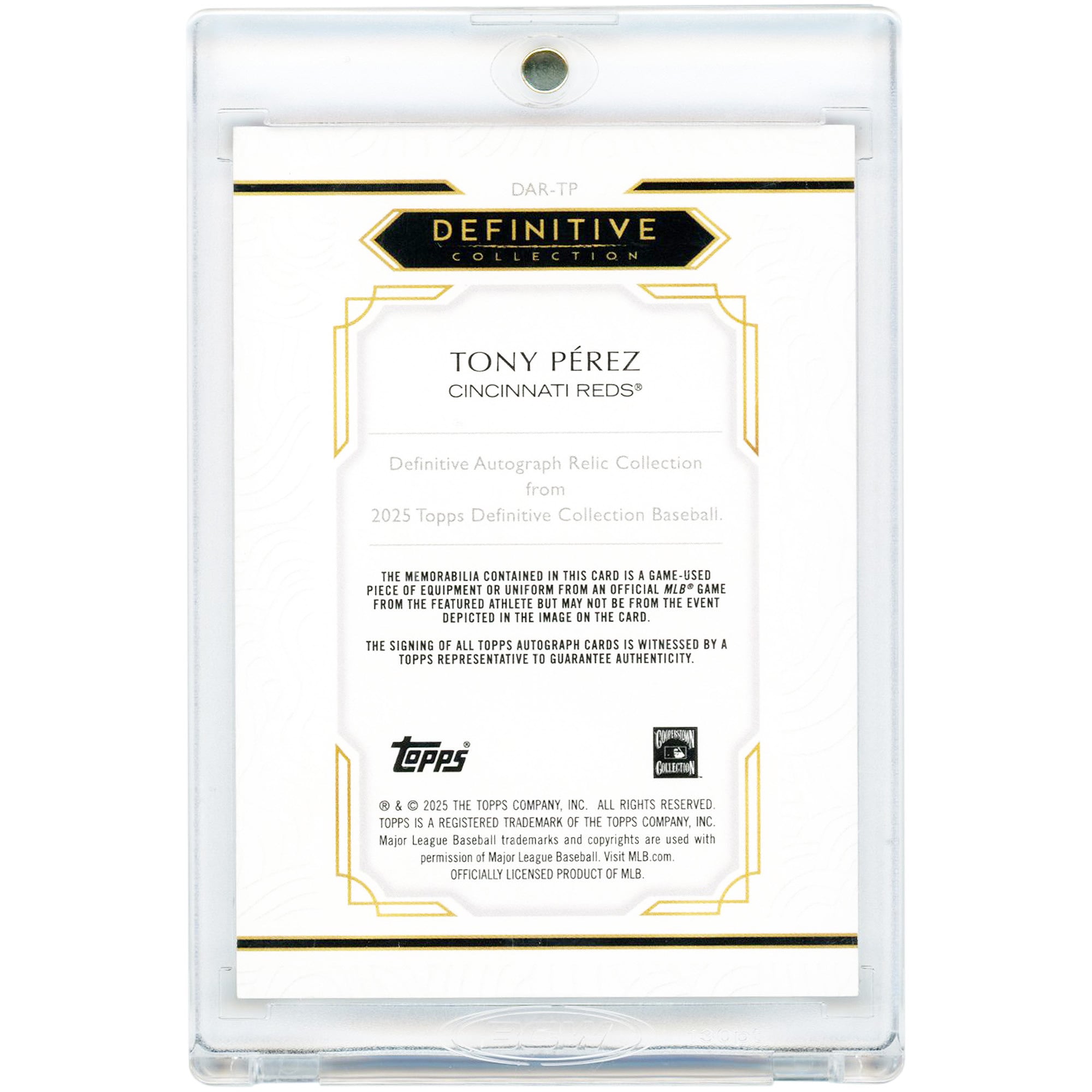 Carte autographiée de Tony Perez (Reds de Cincinnati) - Collection Topps Definitive 2025 - Maillot porté en match - Orange - #DAR-TP # 11