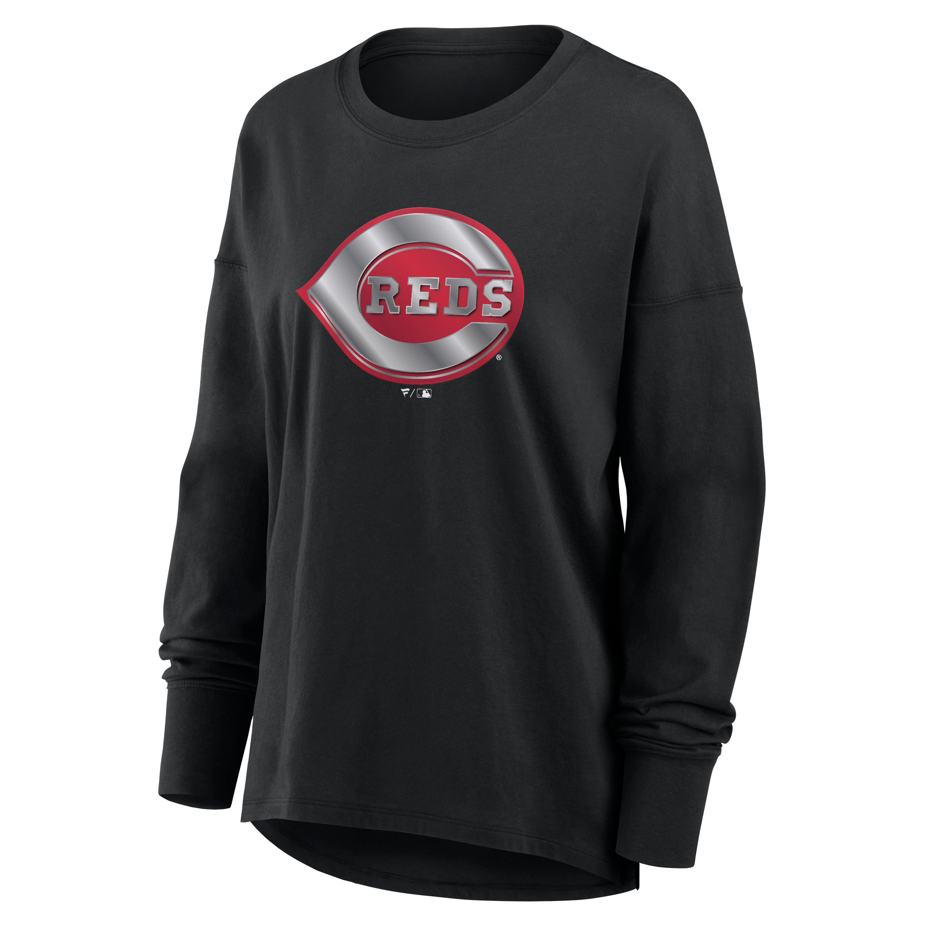 T-shirt à manches longues noir pour femmes avec mascotte métallique des Reds de Cincinnati