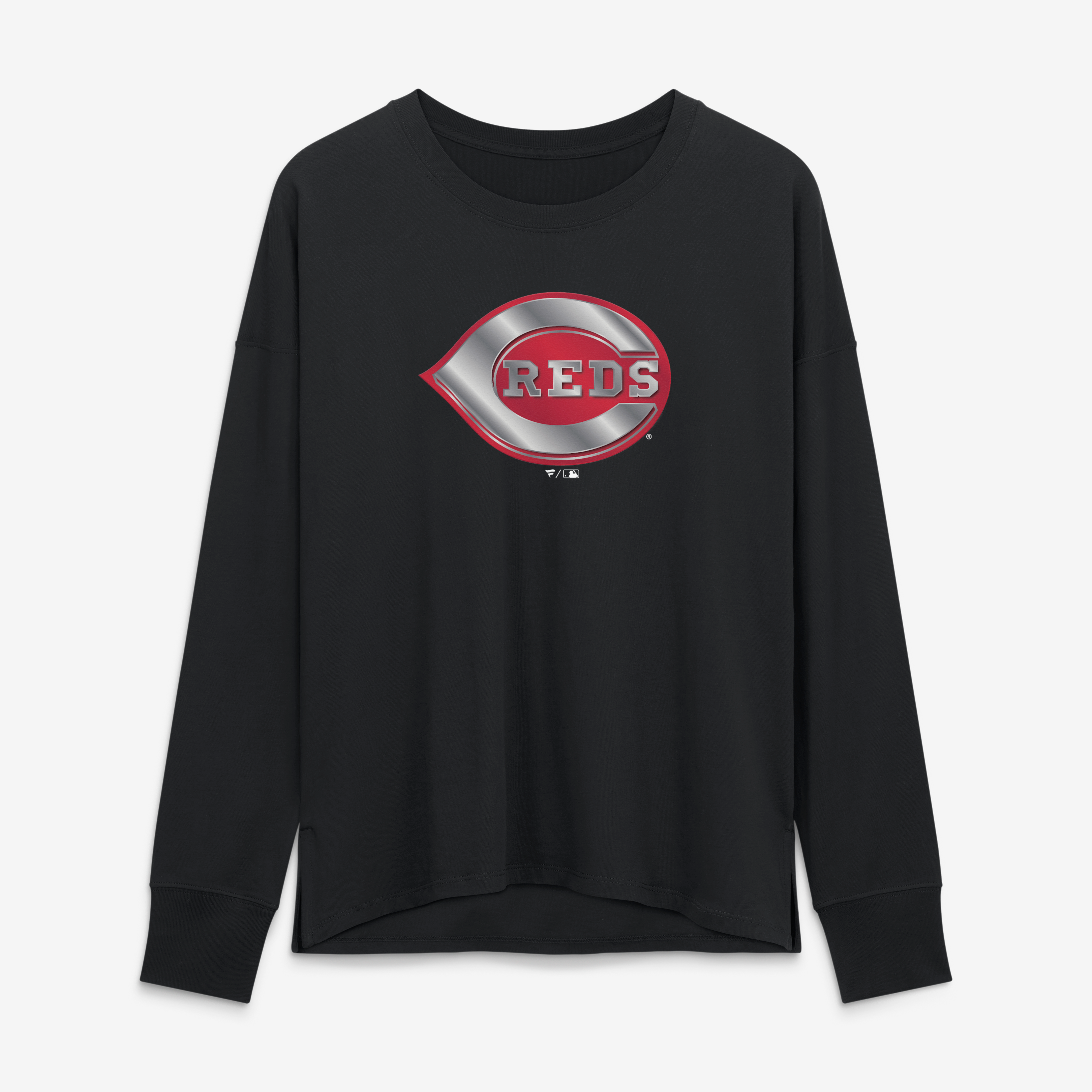 T-shirt à manches longues noir pour femmes avec mascotte métallique des Reds de Cincinnati