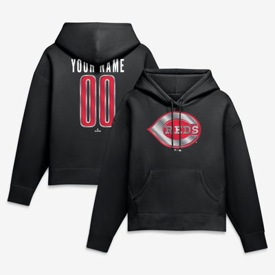 Cincinnati Reds Women's Metallic Mascot Personalized Name & Number Hoodie - Black