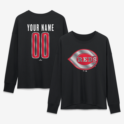Cincinnati Reds Women's Metallic Mascot Personalized Name & Number Long Sleeve T-Shirt - Black