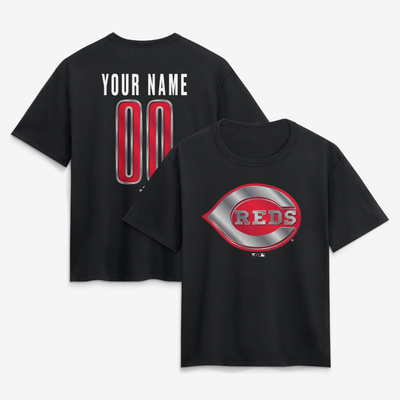 Cincinnati Reds Women's Metallic Mascot Personalized Name & Number T-Shirt - Black