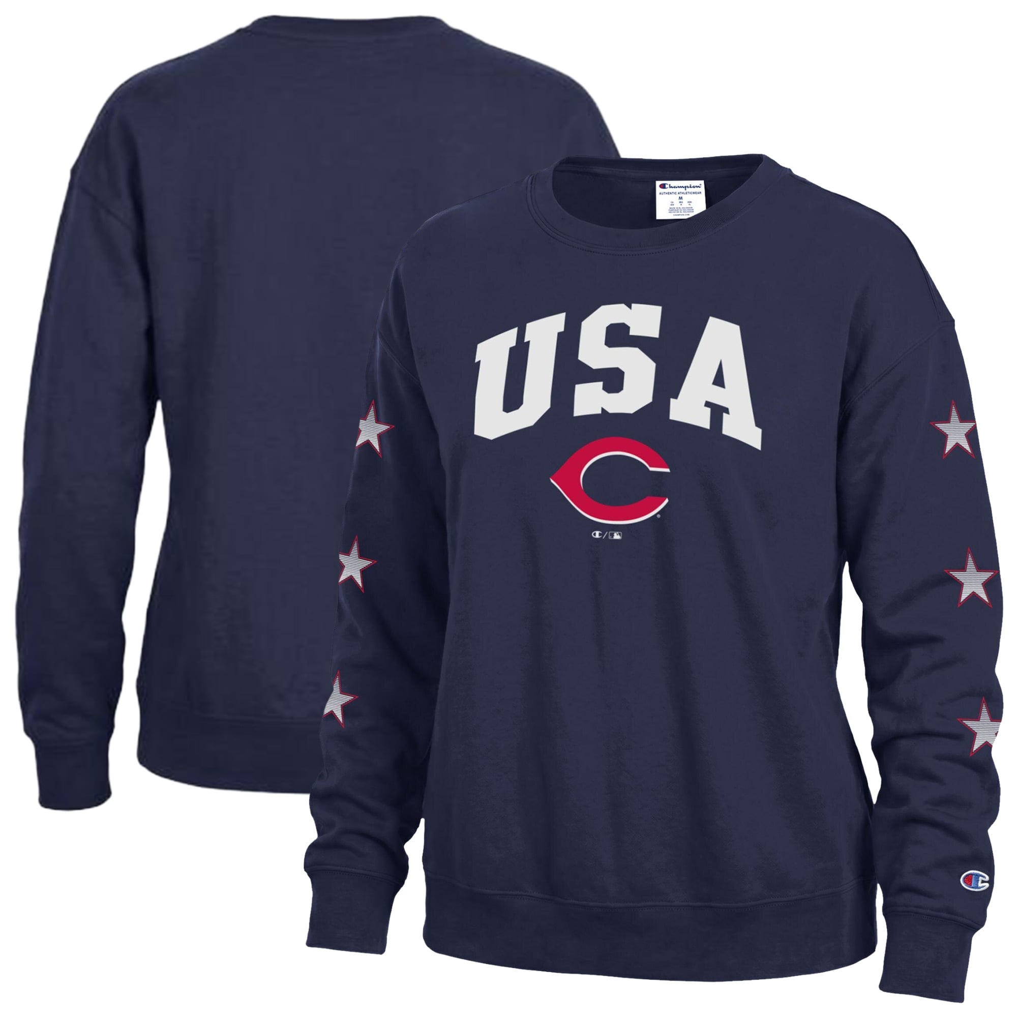 Women's Champion Navy Cincinnati Reds Americana Fleece Crewneck Sweatshirt