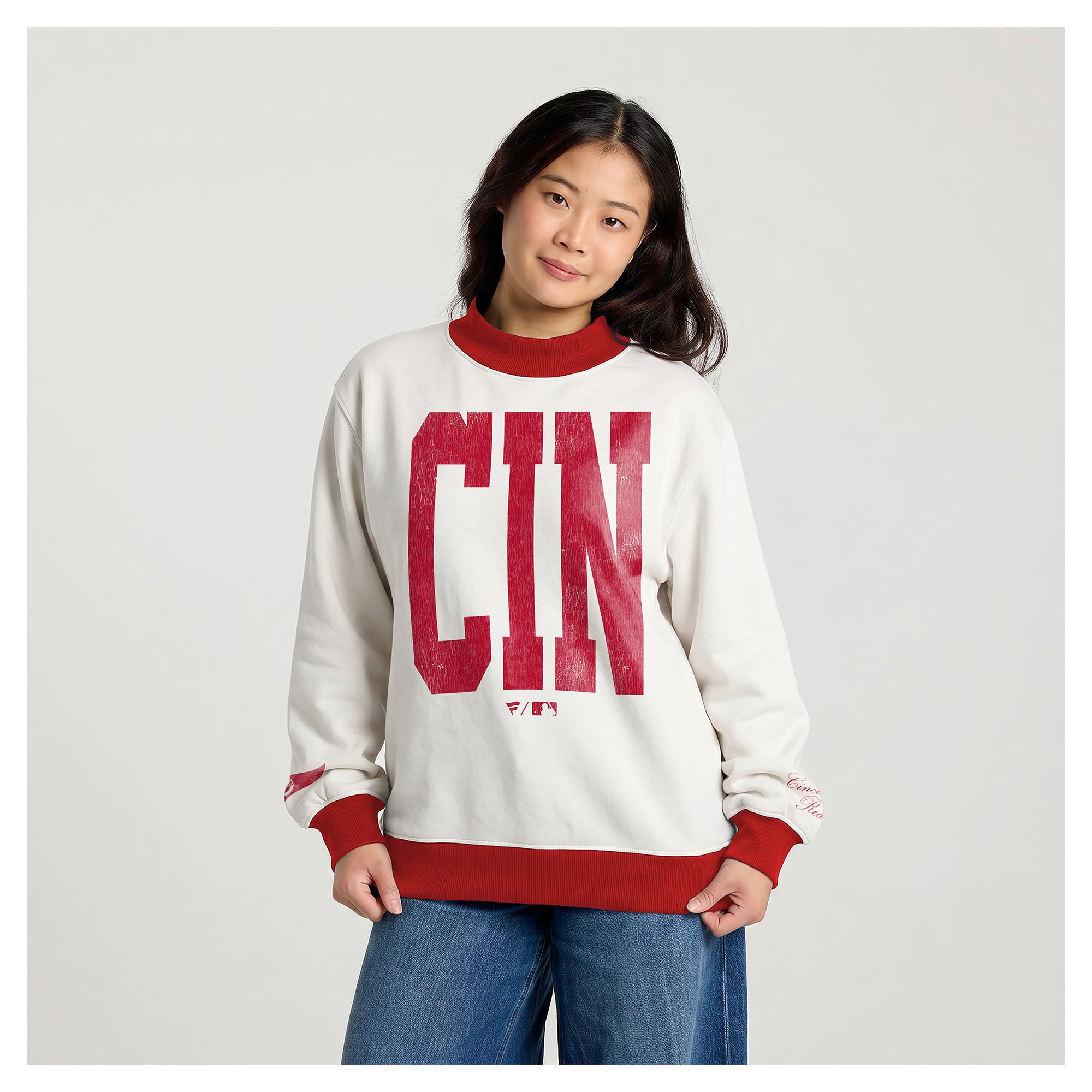 Women's Fanatics Cream Cincinnati Reds City Abbreviation Funnel Neck Fleece Sweatshirt