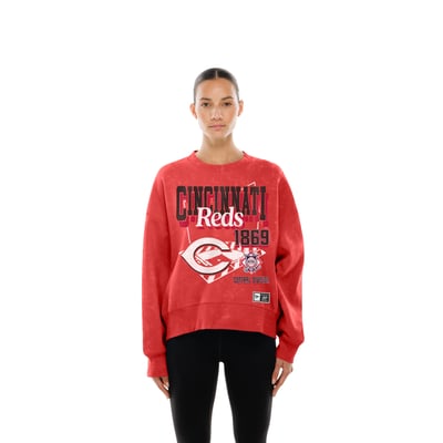 Cincinnati Reds New Era Women's Throwback Mineral Wash Boxy Sweatshirt - Red