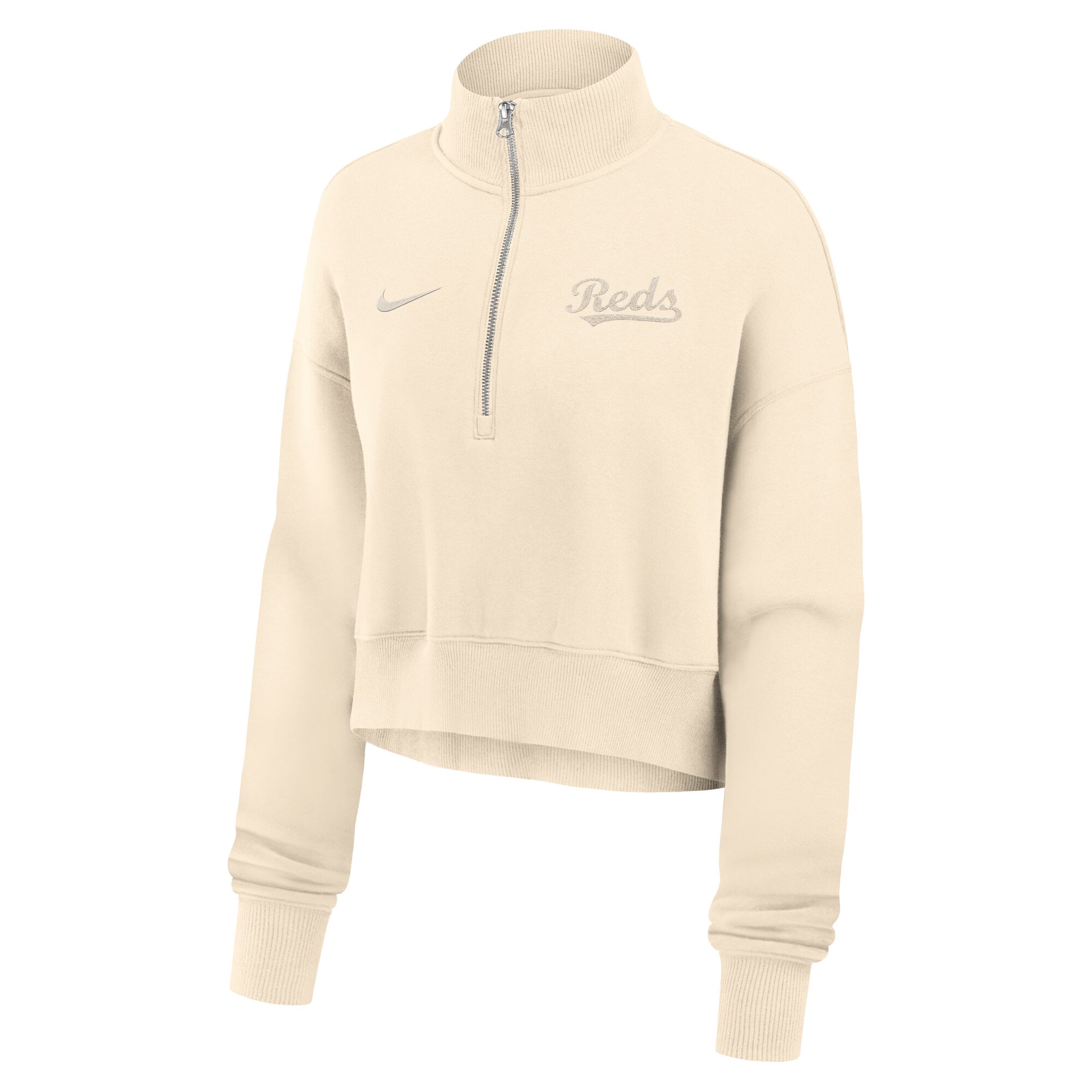 Sweat-shirt court à col zippé Nike crème pour femme, modèle Phoenix Fleece, aux couleurs des Reds de Cincinnati.
