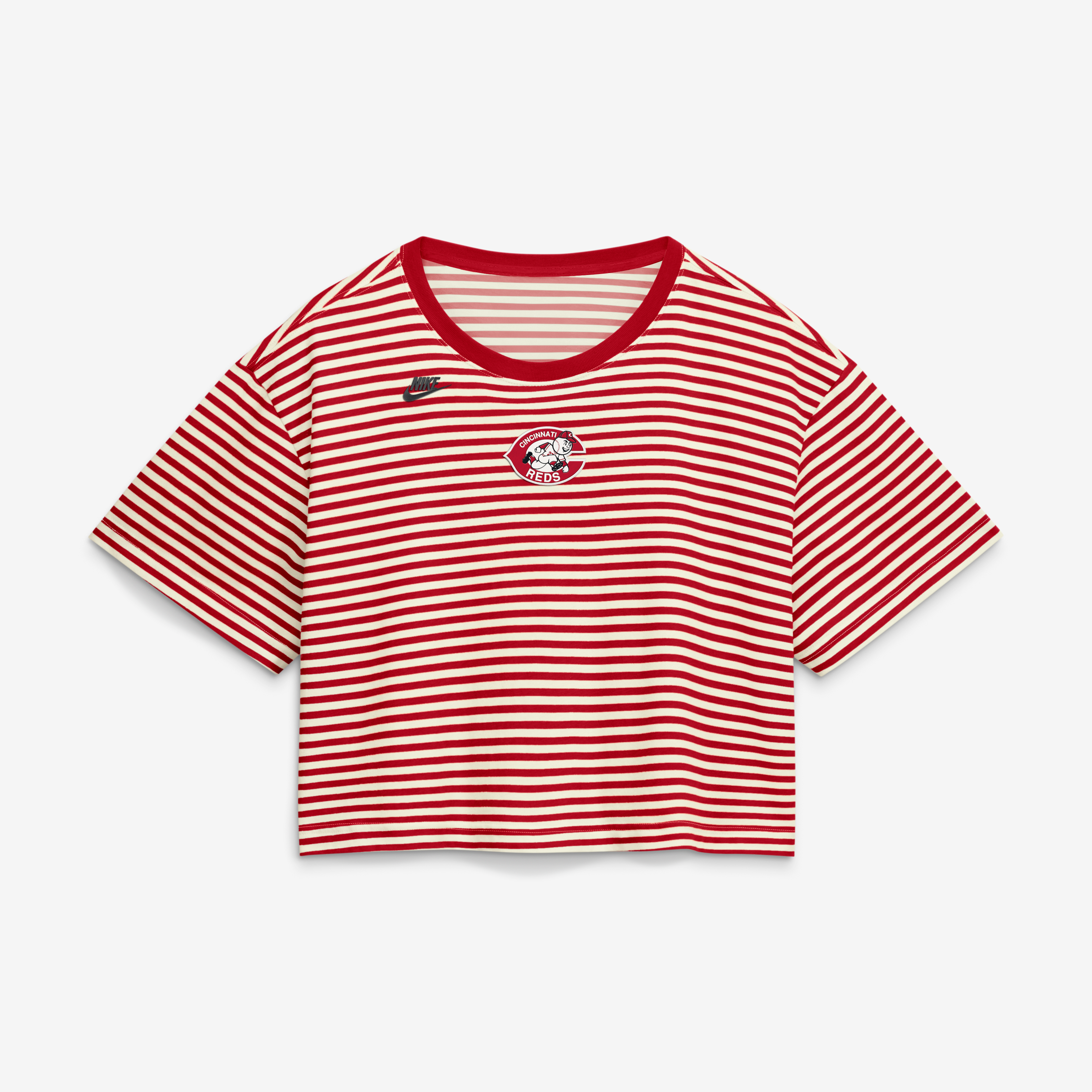 T-shirt court rayé Nike rouge/crème pour femme, collection Cooperstown des Reds de Cincinnati
