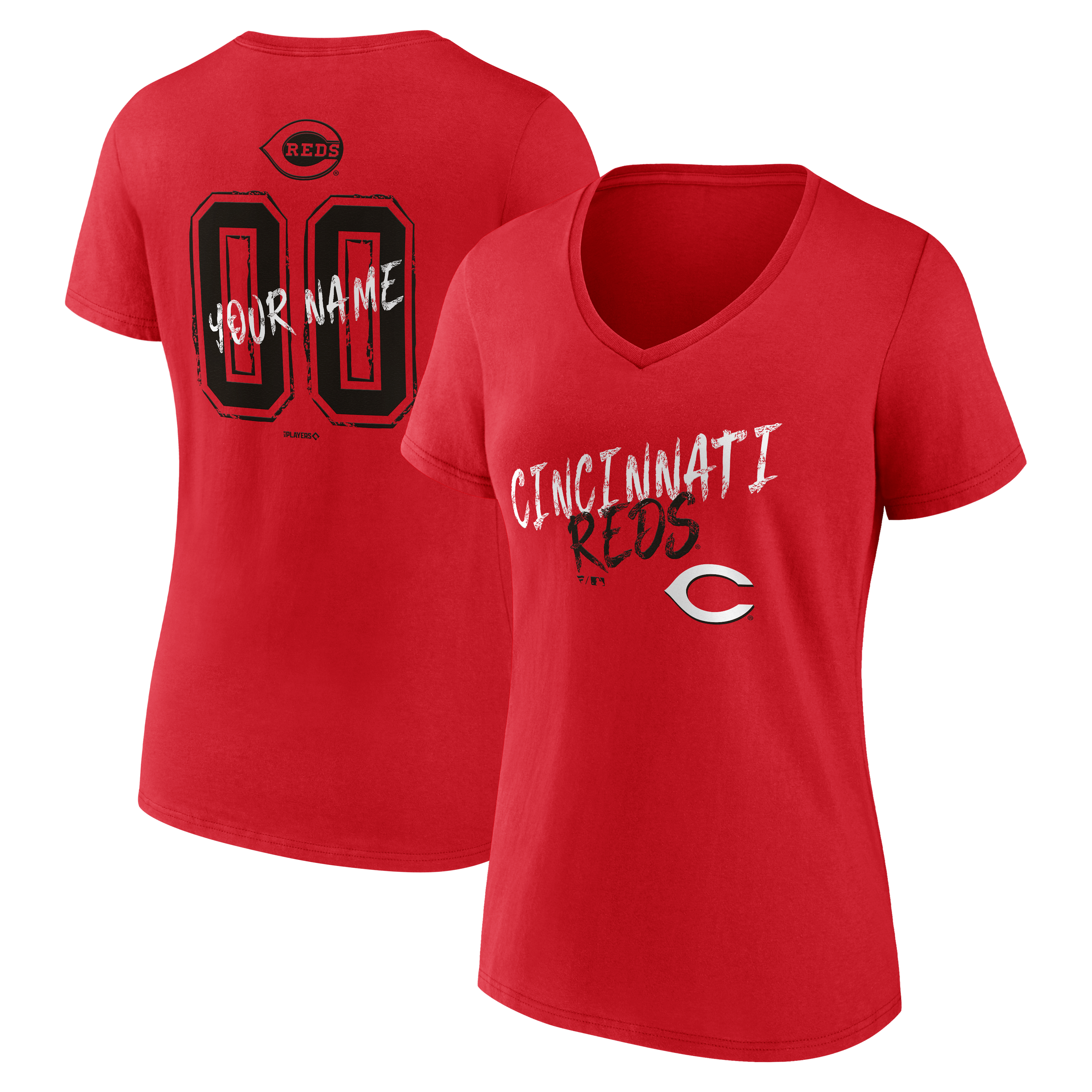 T-shirt à col en V personnalisé avec nom et numéro des Reds de Cincinnati pour femmes