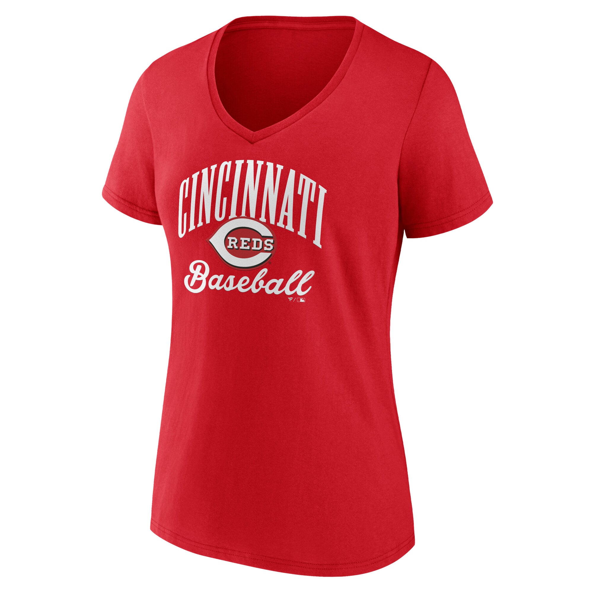 T-shirt à col en V rouge pour femmes des Reds de Cincinnati, avec inscription « Victory ».