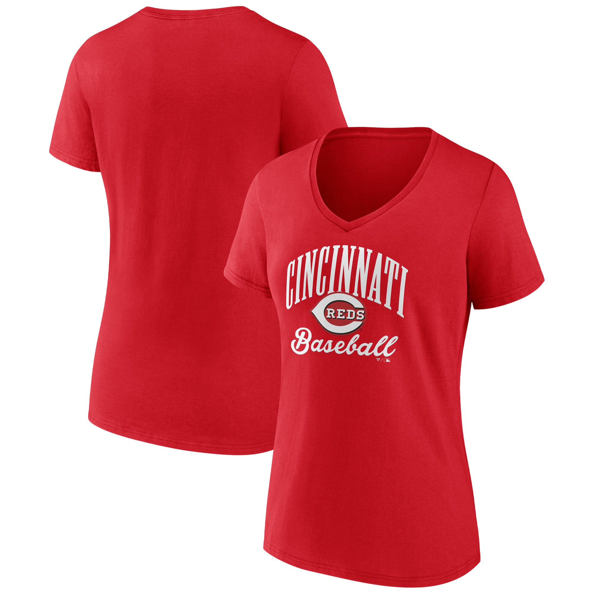 T-shirt à col en V rouge pour femmes des Reds de Cincinnati, avec inscription « Victory ».