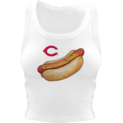 Cincinnati Reds Tiny Turnip Women's Hot Dog Crop Tank Top - White