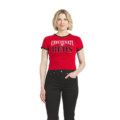  Cincinnati Reds WEAR by Erin Andrews Women's Cropped Throwback Ringer Baby T-Shirt - Red
