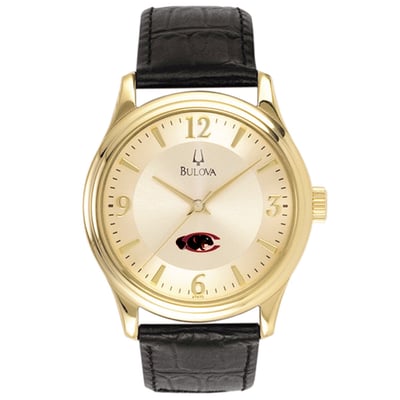 Claflin Panthers Bulova Stainless Steel Watch with Leather Band - Gold