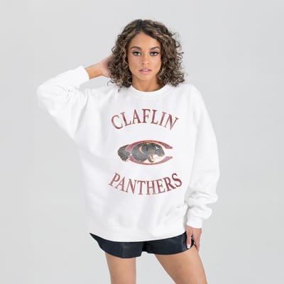 Claflin Panthers Gameday Couture Women's Oversized Good Vibes Premium Fleece Drop Shoulder Pullover Sweatshirt - White