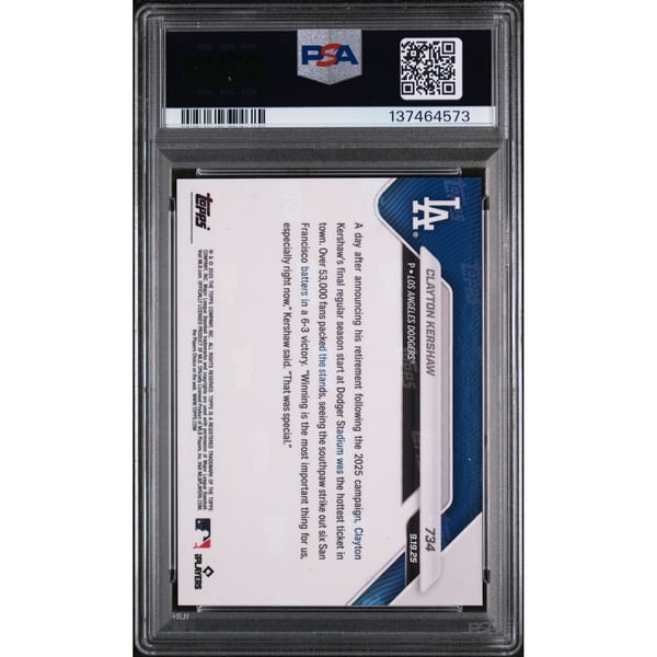Clayton Kershaw 2025 Topps Now Last Game Baseball Card #734 Graded 