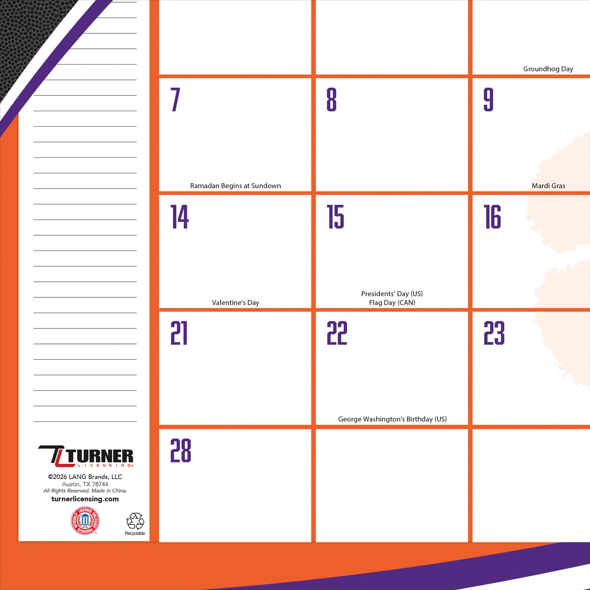 Sous-main calendrier Clemson Tigers 17" x 11"