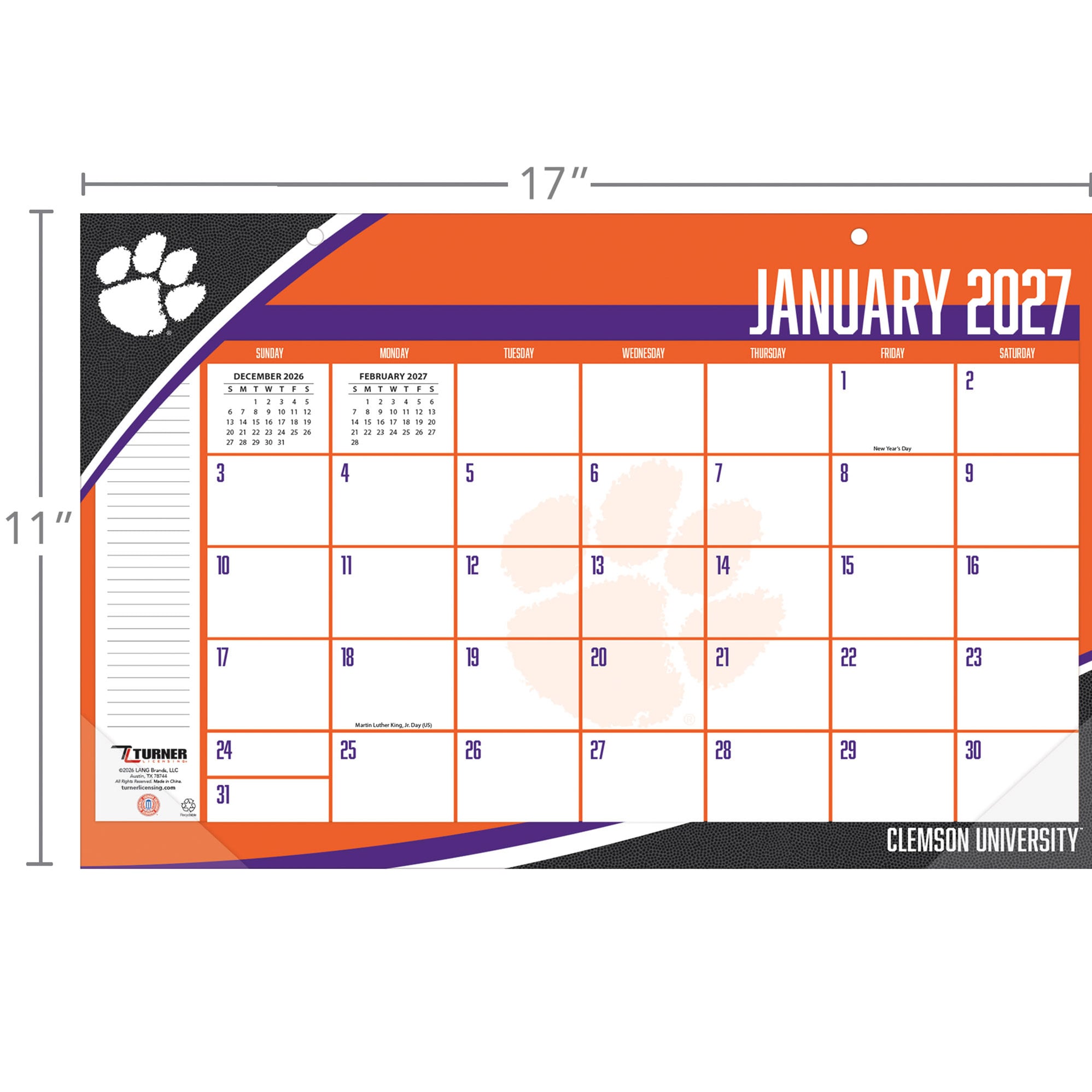Sous-main calendrier Clemson Tigers 17" x 11"