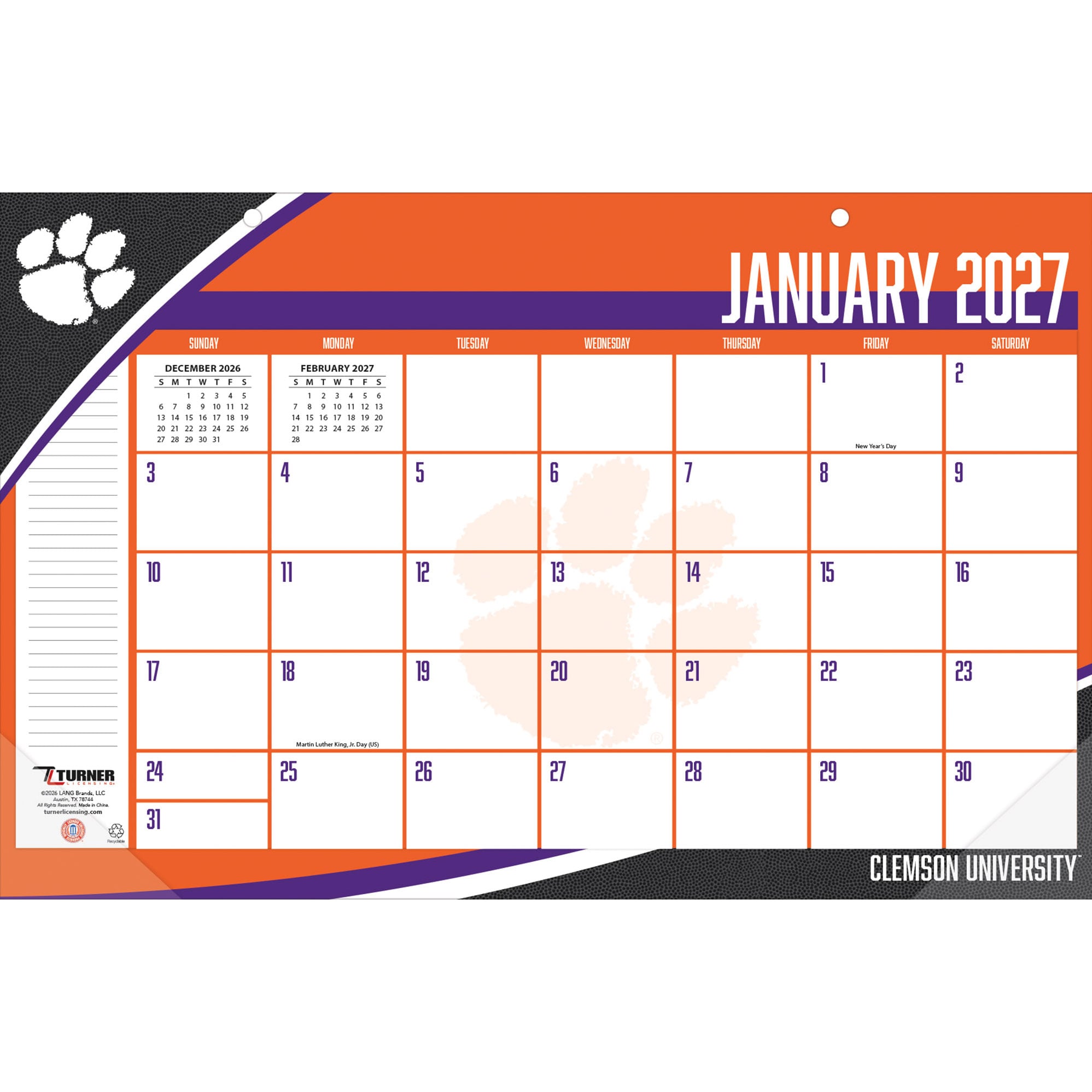 Sous-main calendrier Clemson Tigers 17" x 11"