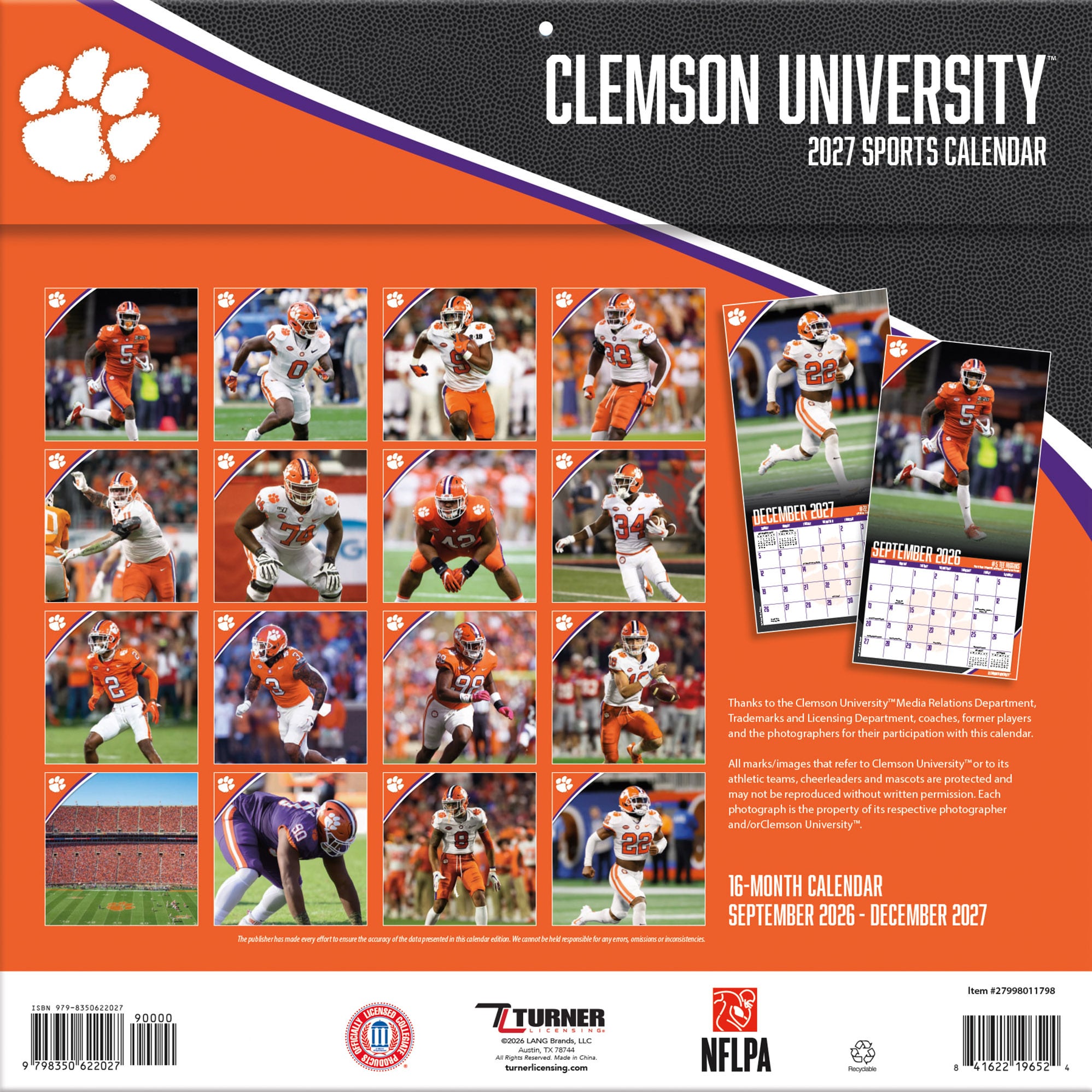 Clemson Tigers 2027 12” x 12” Team Wall Calendar