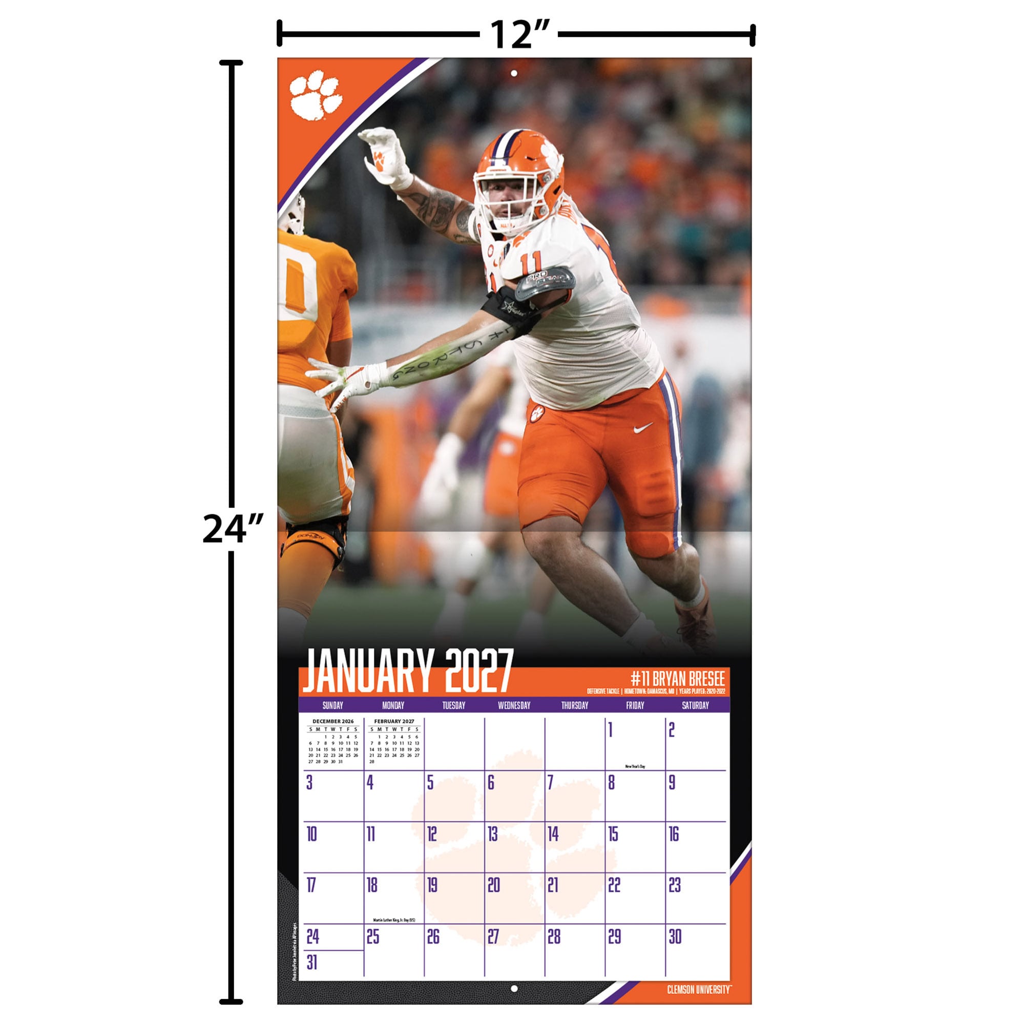 Clemson Tigers 2027 12” x 12” Team Wall Calendar