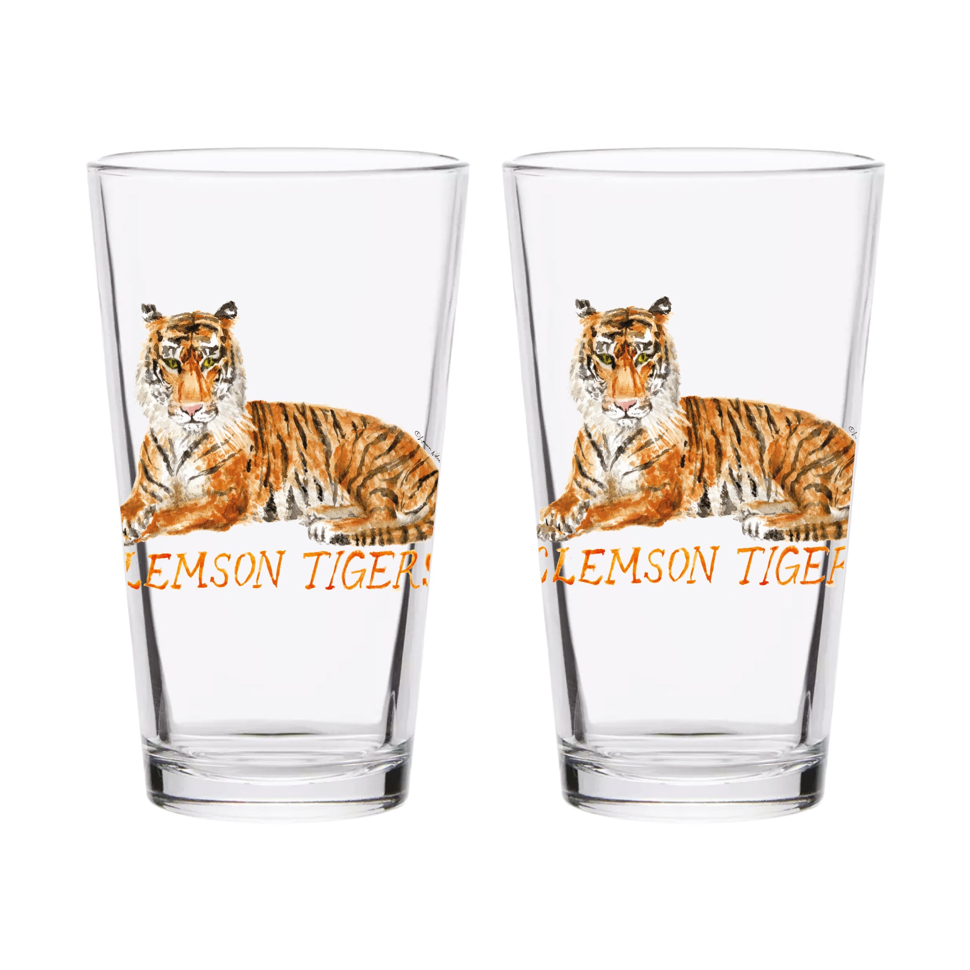Ensemble de 2 verres à bière Indigo Falls Clemson Tigers à l'effigie de Laura Wilcox, mascotte des Tigers de Clemson.