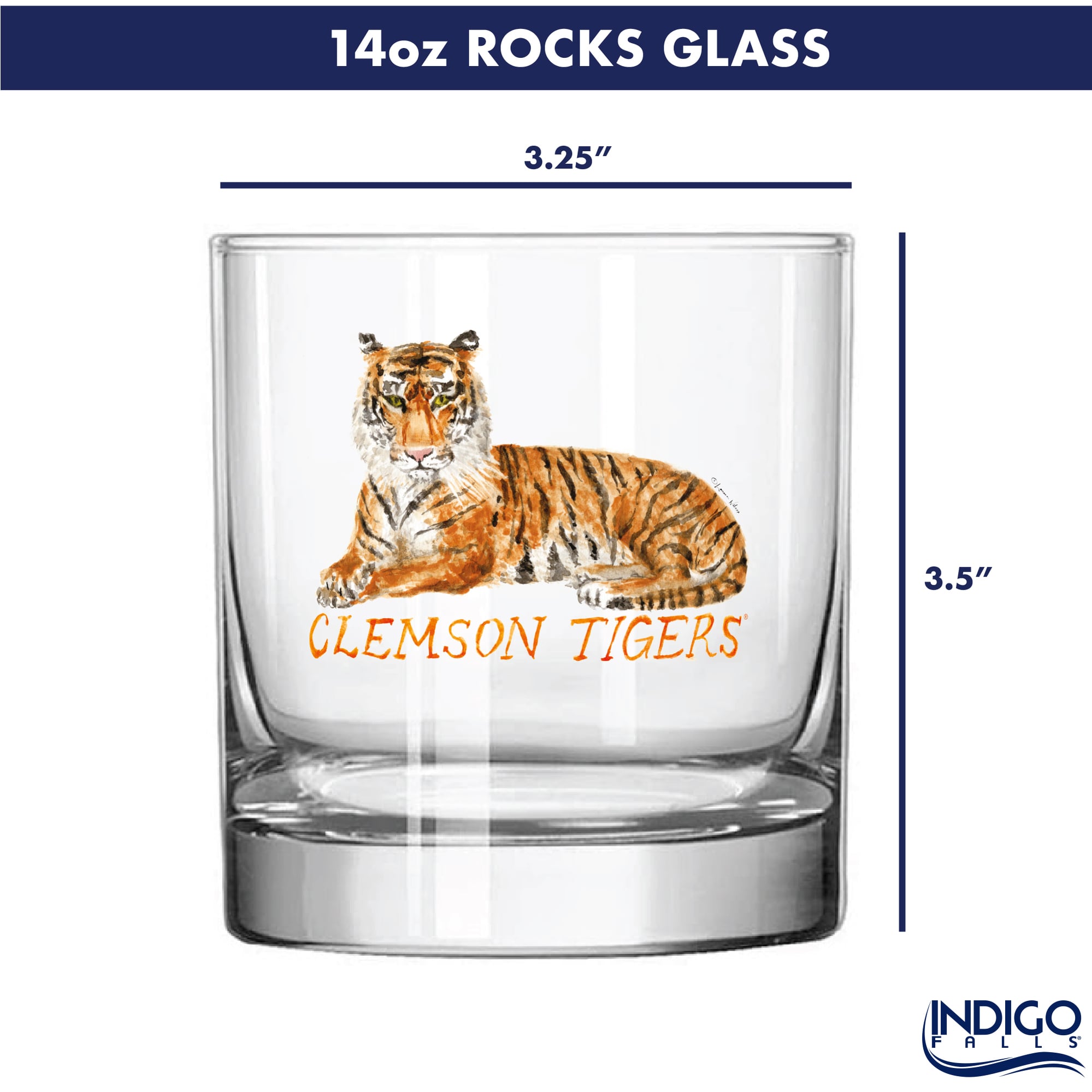 Ensemble de 2 verres à whisky Indigo Falls Clemson Tigers Laura Wilcox Mascotte