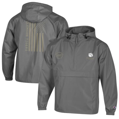  Clemson Tigers Champion OHT Flag Packable Half-Zip Hooded Jacket - Graphite