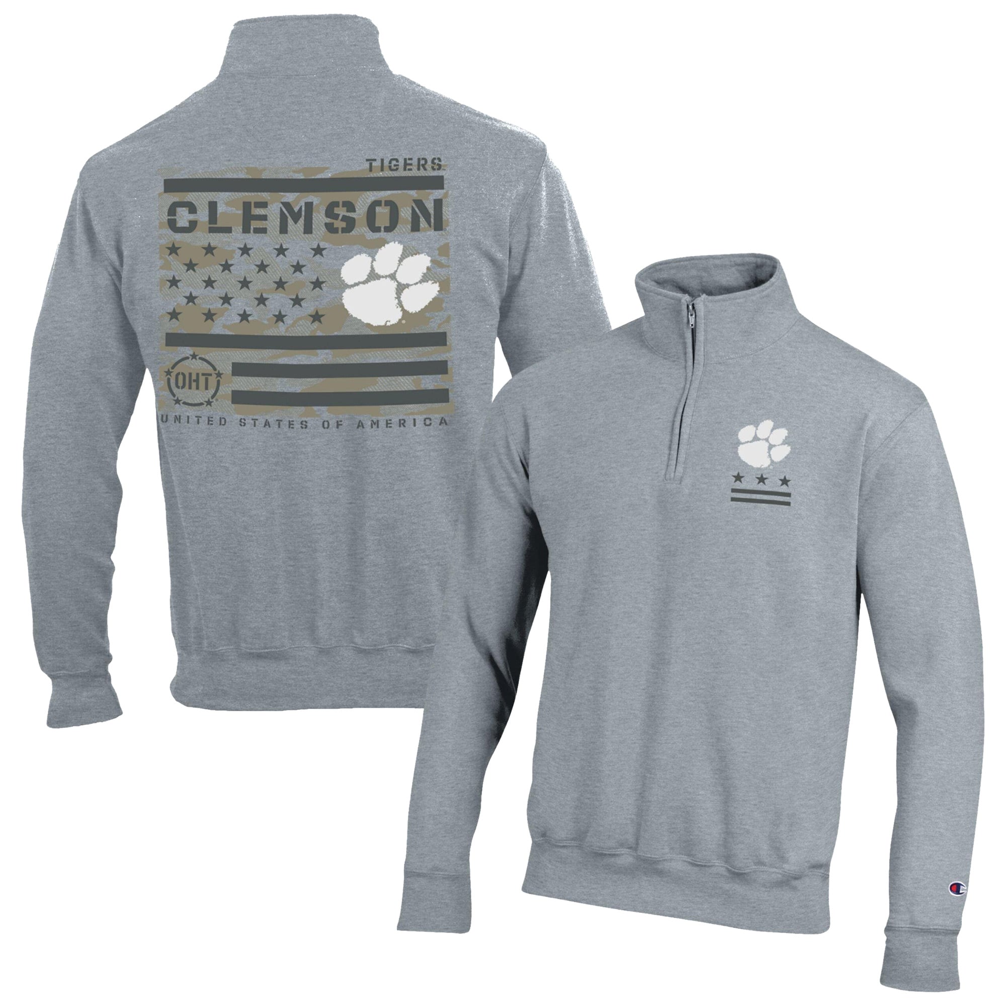 Pull-over à col zippé Champion Heather Gray Clemson Tigers Operation Hat Trick Flag en polaire Powerblend pour homme