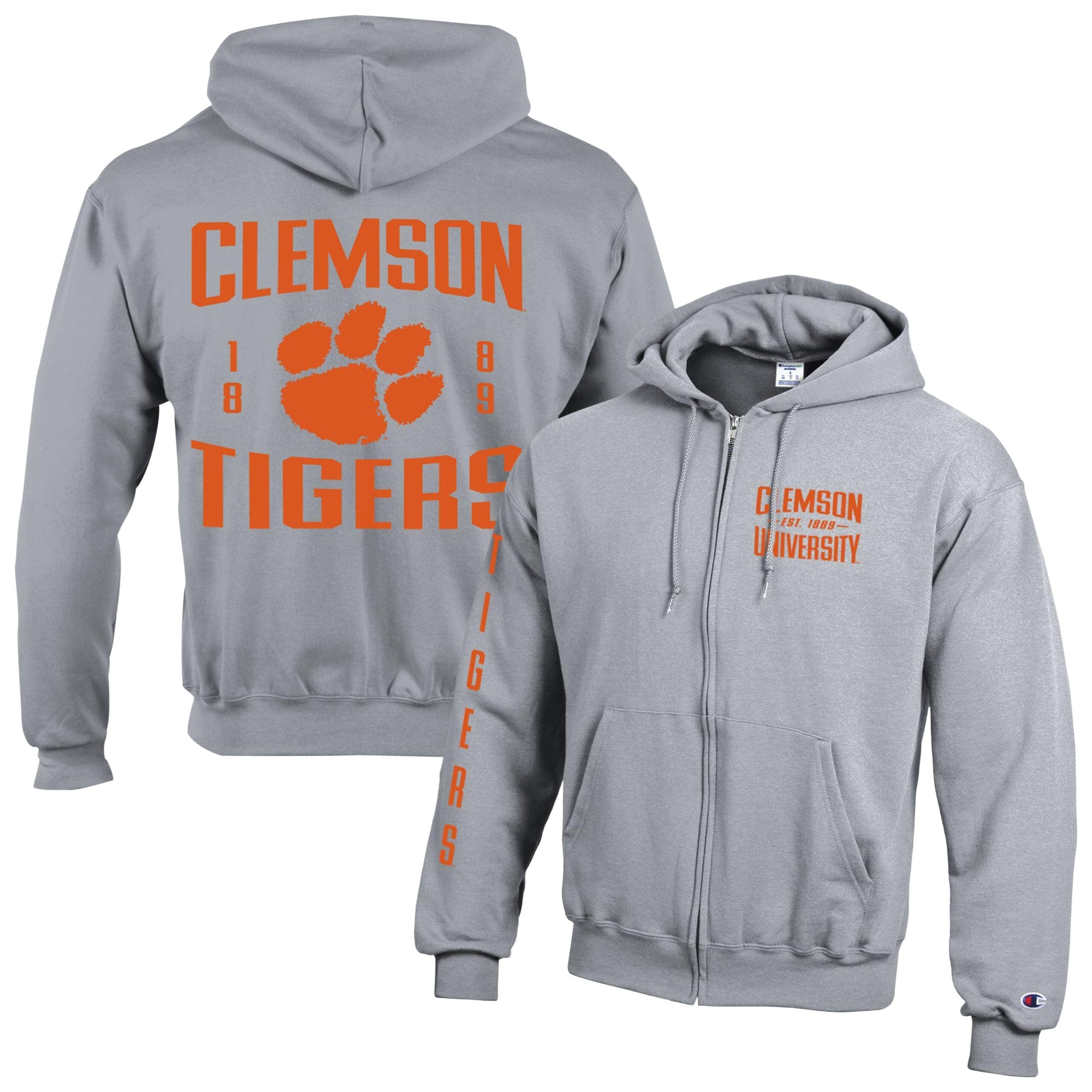 Men's Champion Heather Gray Clemson Tigers Varsity Powerblend Full-Zip Fleece Hoodie