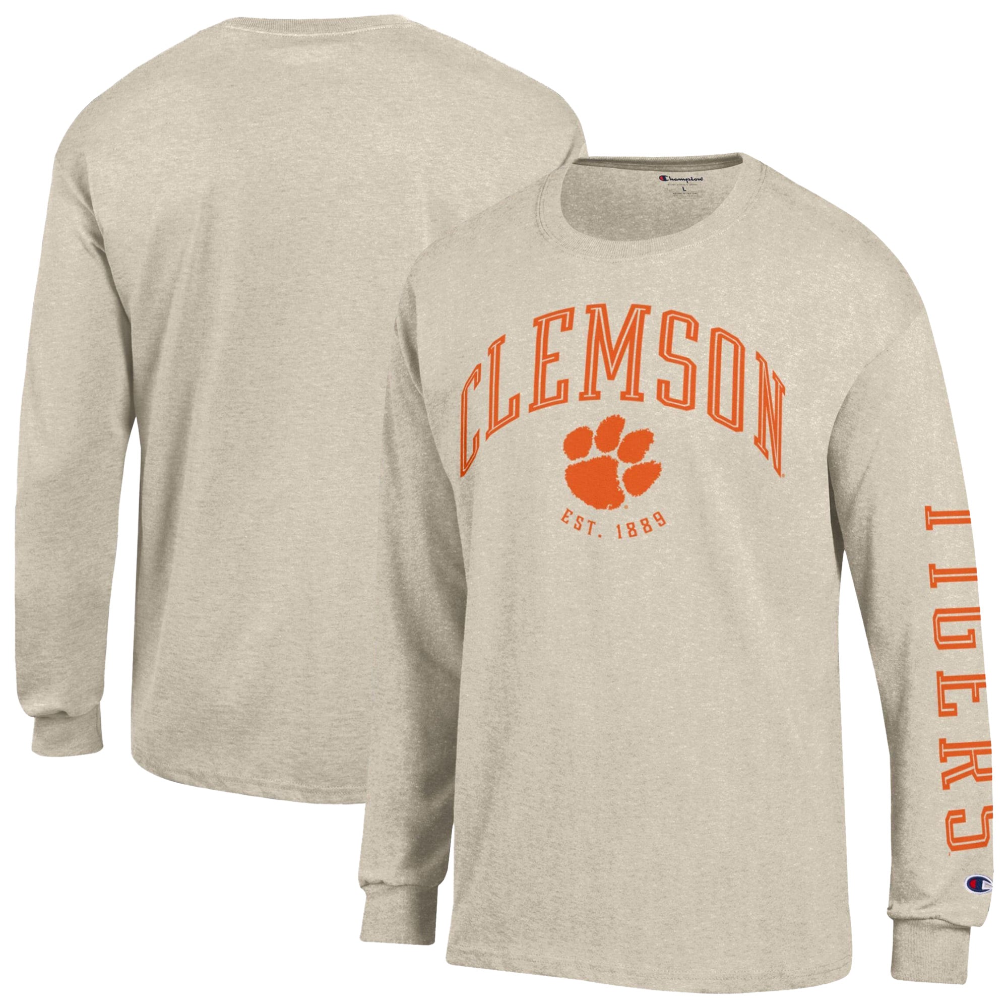 Men's Champion Heather Oatmeal Clemson Tigers Neutral Arch Long-Sleeve T-Shirt