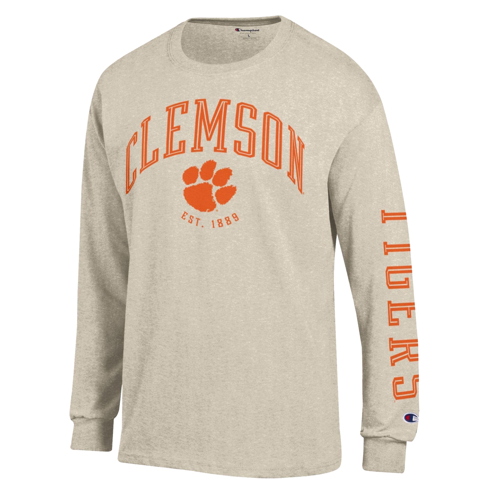 Men's Champion Heather Oatmeal Clemson Tigers Neutral Arch Long-Sleeve T-Shirt