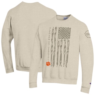  Clemson Tigers Champion Operation Hat Trick Flag Fleece Crewneck Sweatshirt - Oatmeal