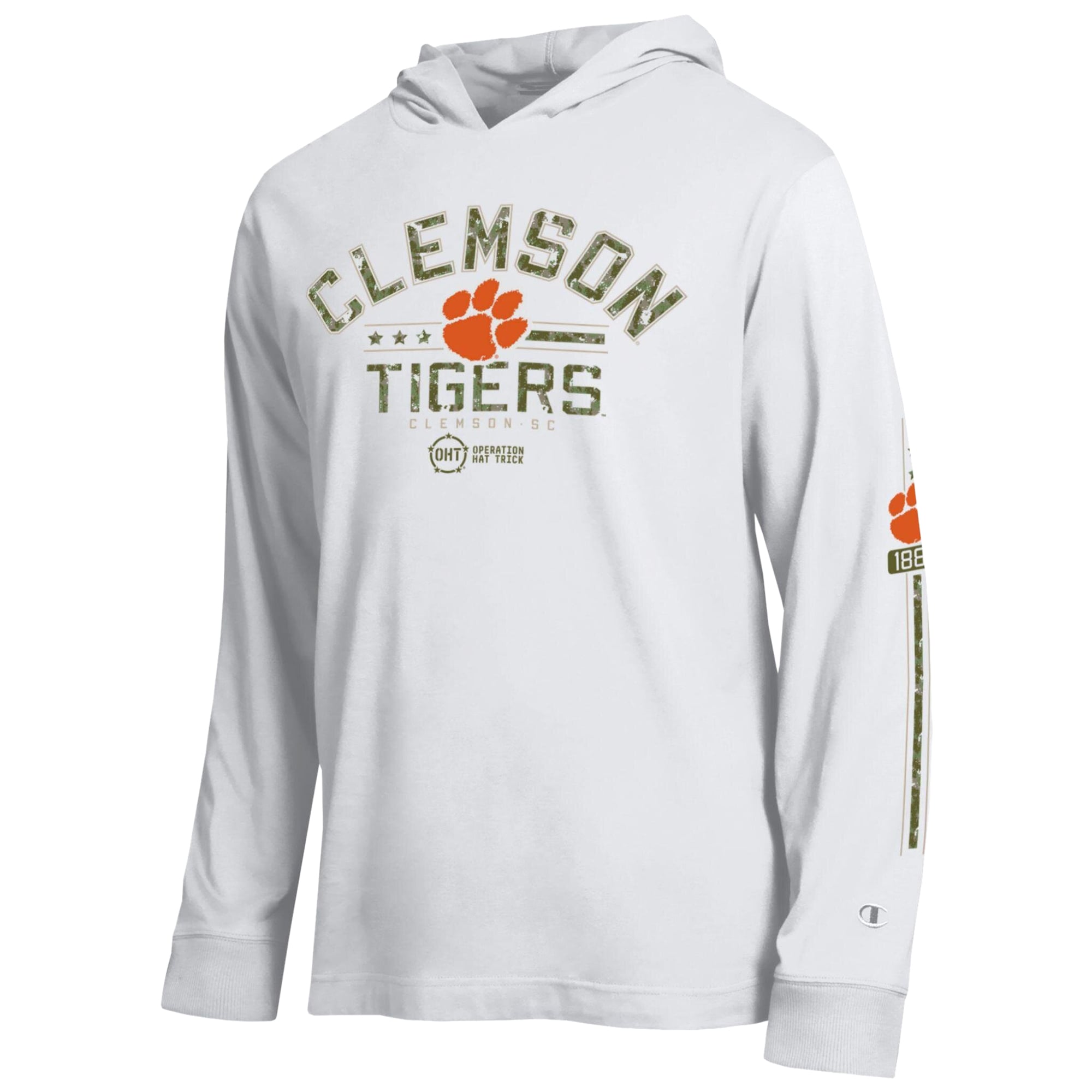 Men's Champion  White Clemson Tigers Operation Hat Trick Sleeve Line Hooded Long T-Shirt