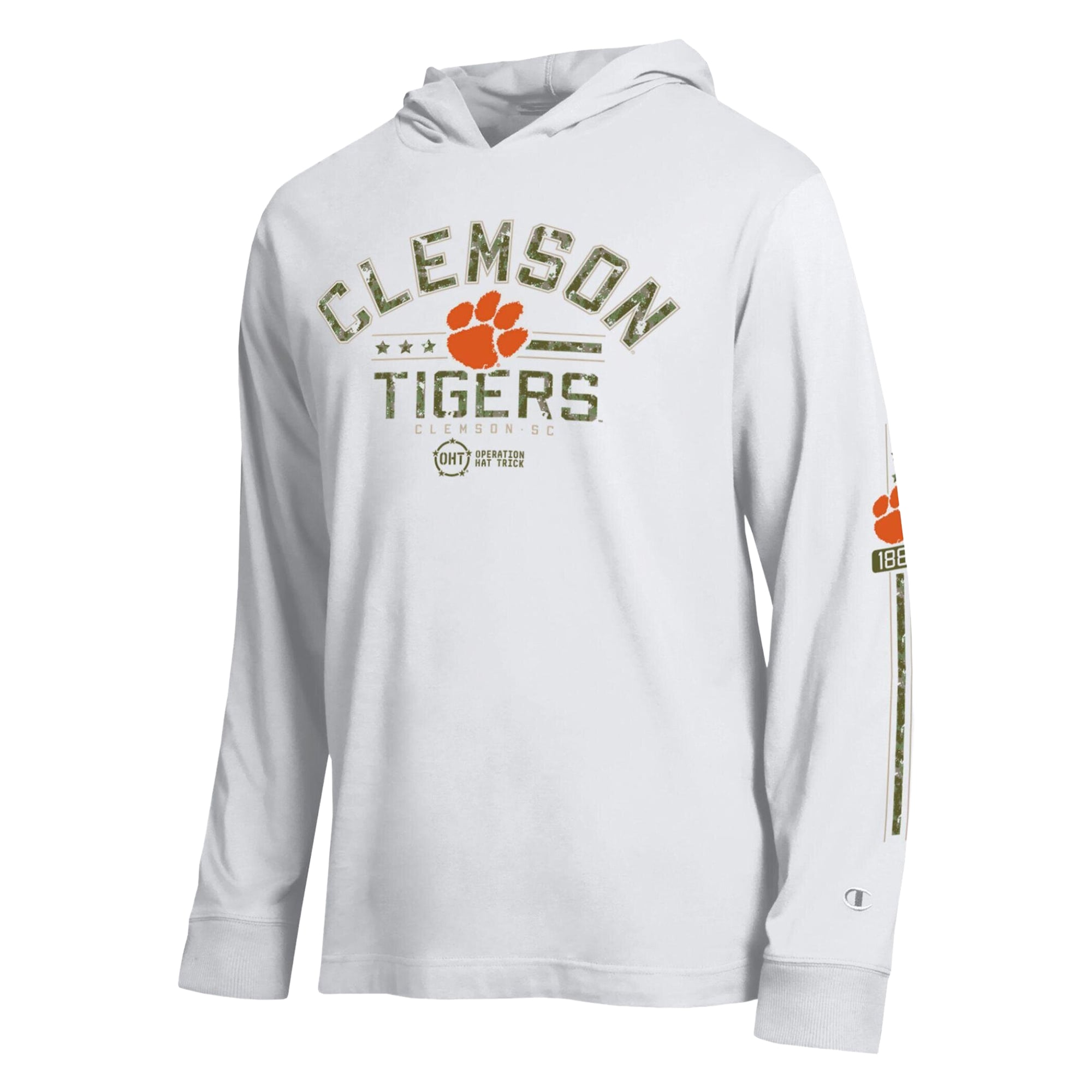 T-shirt à manches longues et capuche Champion White Clemson Tigers Operation Hat Trick pour homme