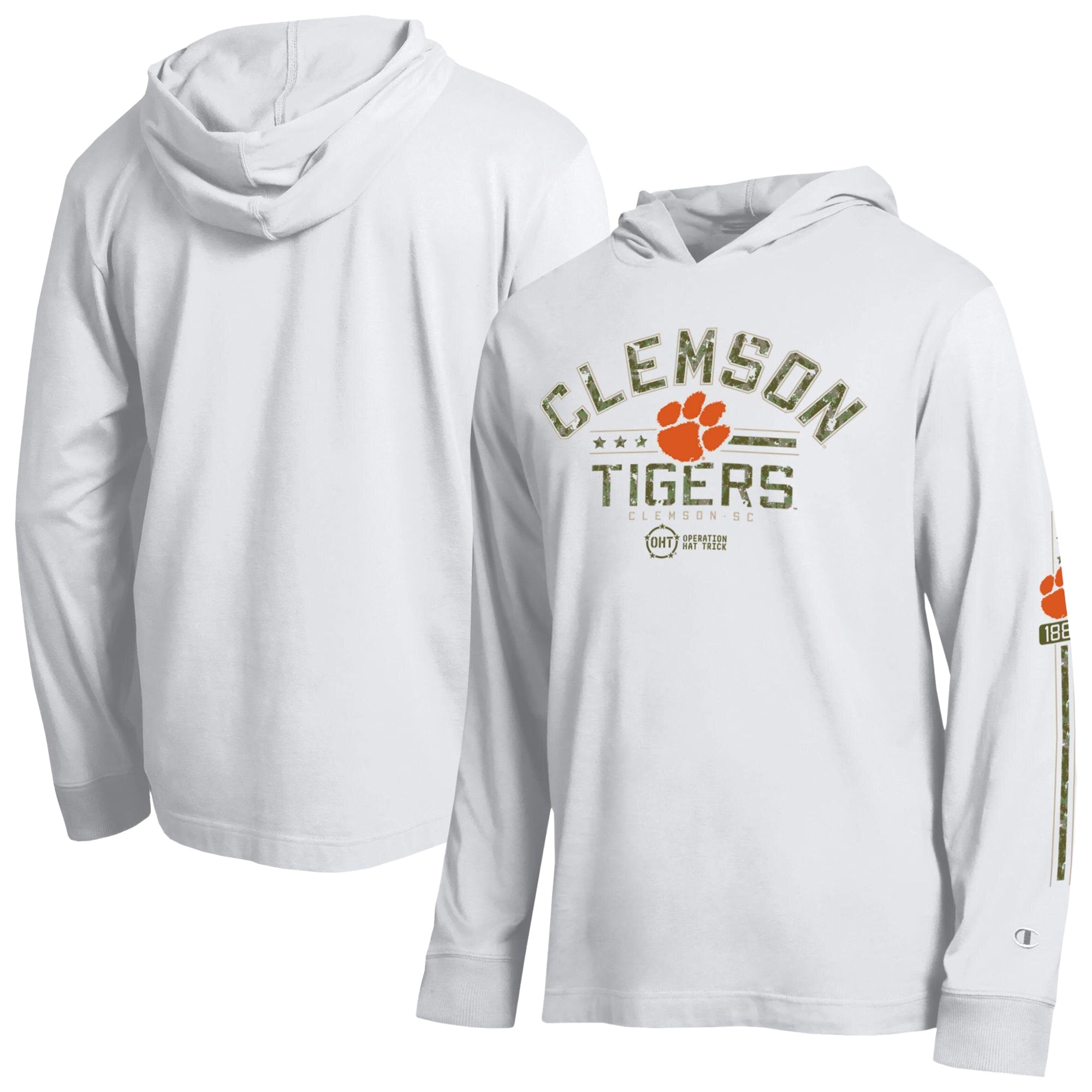 Men's Champion White Clemson Tigers Operation Hat Trick Sleeve Line Hooded Long T-Shirt