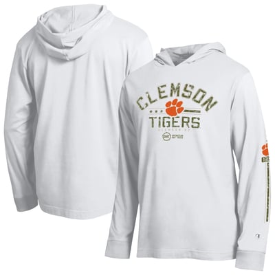  Clemson Tigers Champion Operation Hat Trick Sleeve Line Hooded Long Sleeve T-Shirt - White