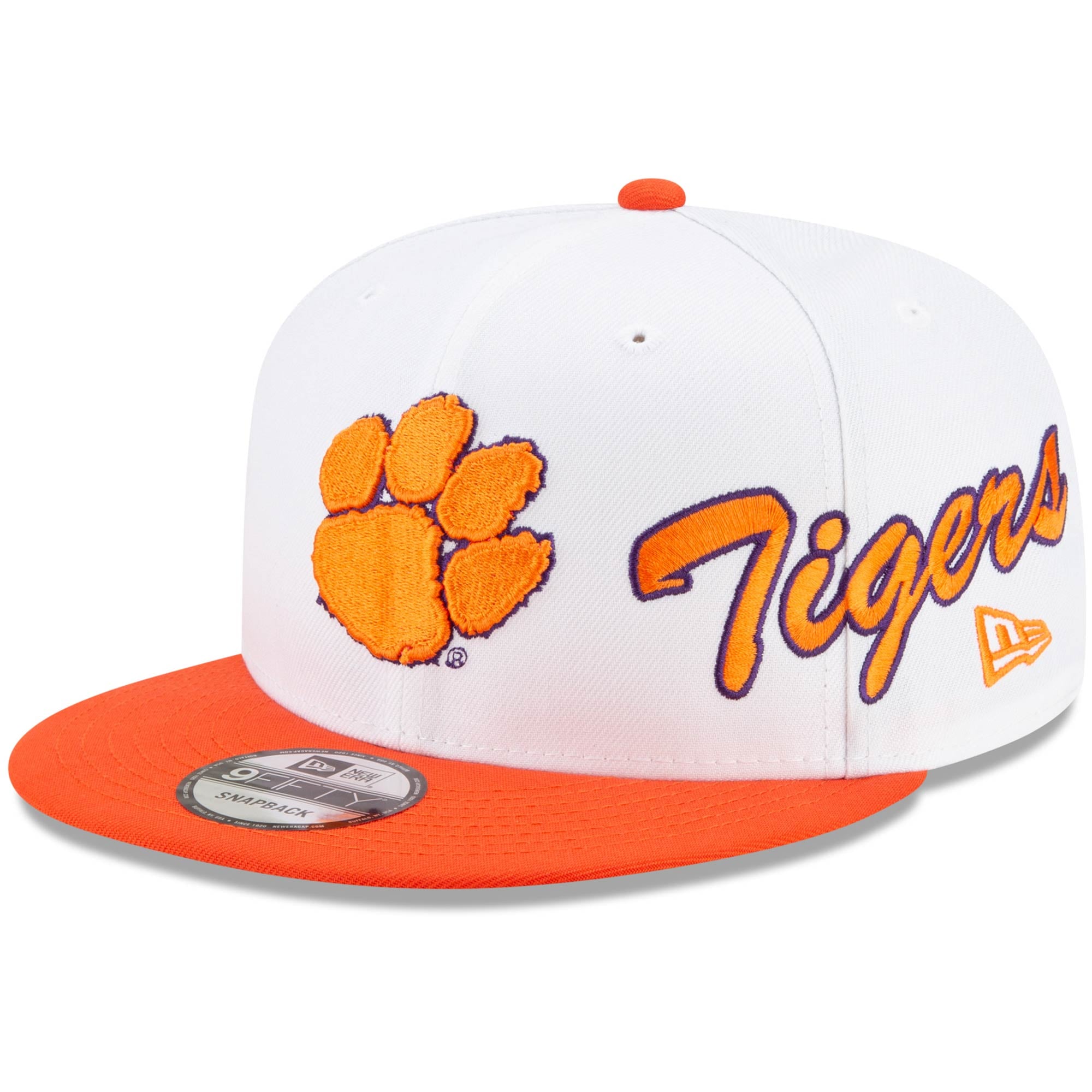 Clemson Script Merchandise Men's New Era White/Orange Clemson Tigers Two-Tone Side Script 9FIFTY ...